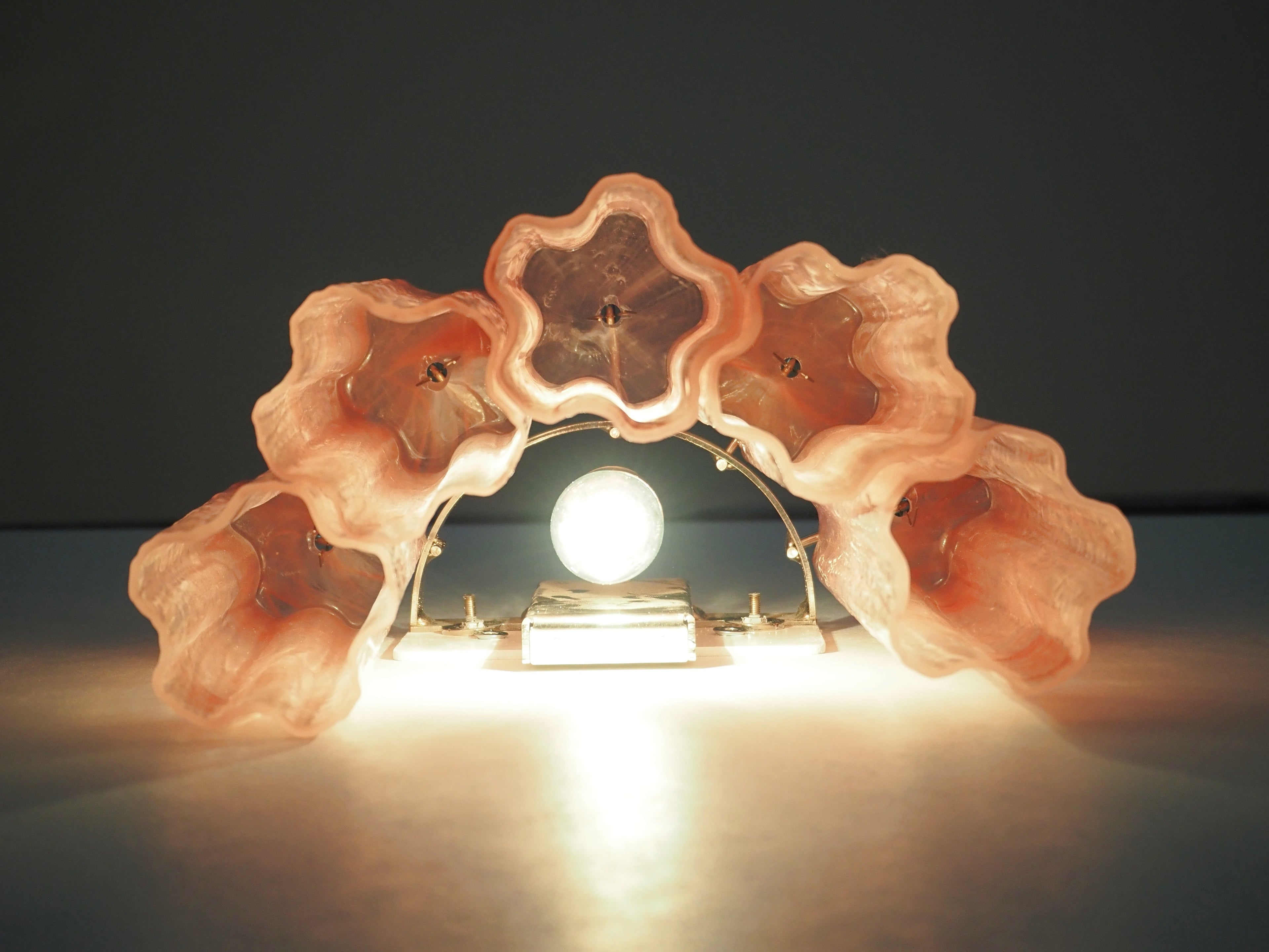 Mid-Century Murano Wall Lamp | Punto di Luce |  5 Pink Alabaster Glass Tubes | Punto di Luce |  1 Pair