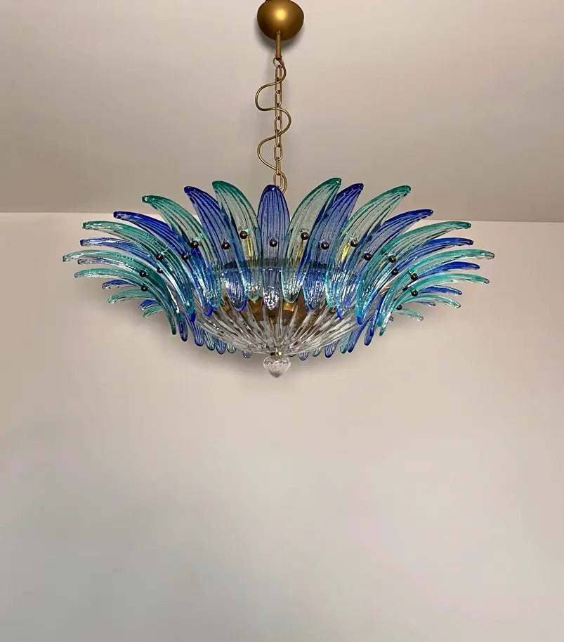 Candelabru Murano de la mijlocul secolului | Punto di Luce | 36 Sticlă Palmette transparentă și albastră