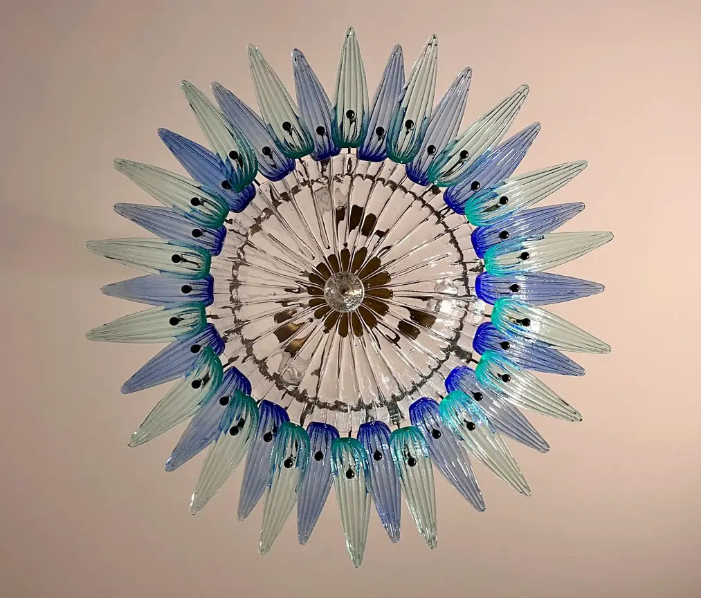 Candelabru Murano de la mijlocul secolului | Punto di Luce | 36 Sticlă Palmette transparentă și albastră