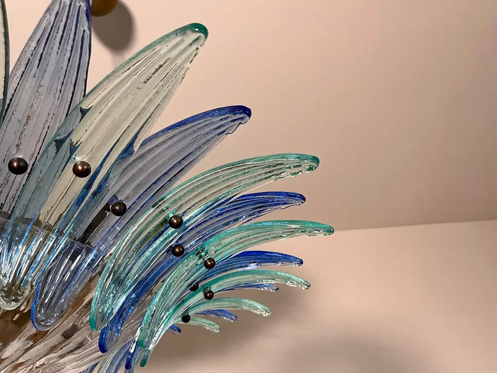 Candelabru Murano de la mijlocul secolului | Punto di Luce | 36 Sticlă Palmette transparentă și albastră