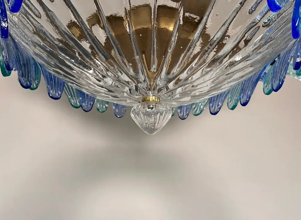 Candelabru Murano de la mijlocul secolului | Punto di Luce | 36 Sticlă Palmette transparentă și albastră