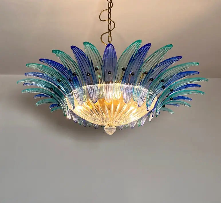 Candelabru Murano de la mijlocul secolului | Punto di Luce | 36 Sticlă Palmette transparentă și albastră