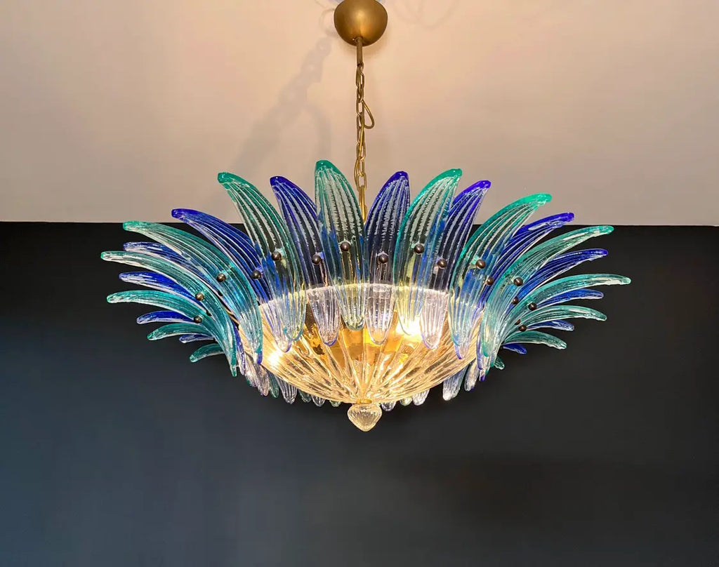 Candelabru Murano de la mijlocul secolului | Punto di Luce | 36 Sticlă Palmette transparentă și albastră
