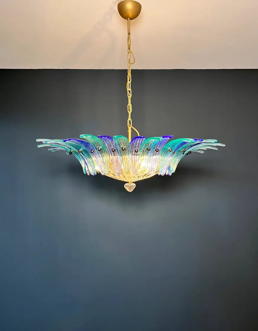 Candelabru Murano de la mijlocul secolului | Punto di Luce | 36 Sticlă Palmette transparentă și albastră