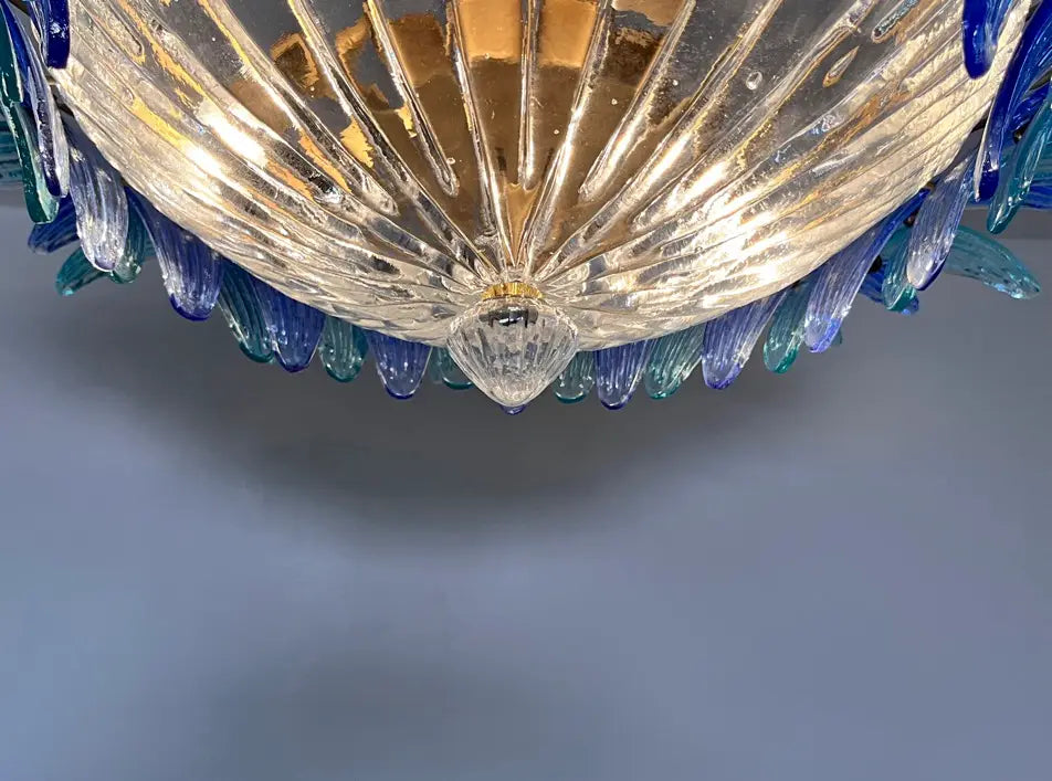 Candelabru Murano de la mijlocul secolului | Punto di Luce | 36 Sticlă Palmette transparentă și albastră
