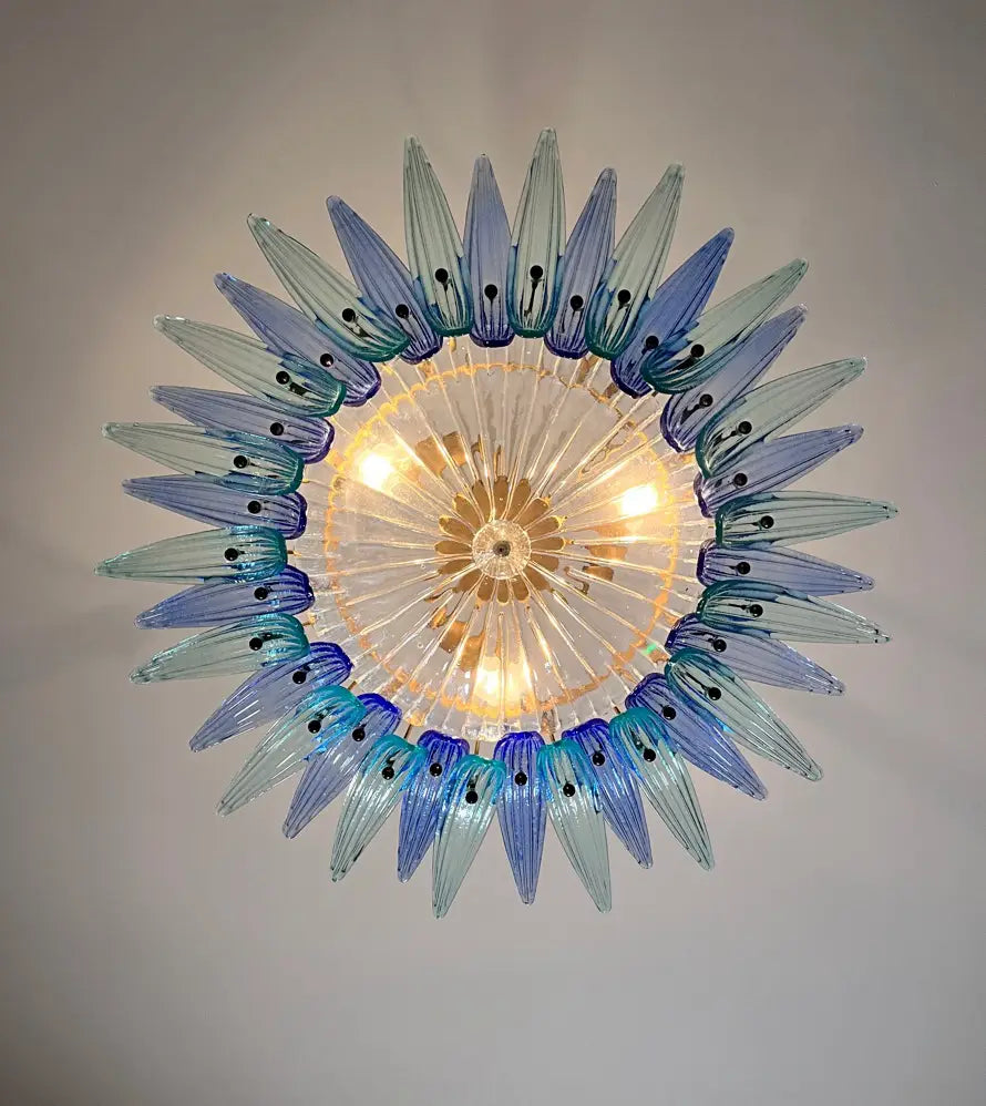 Candelabru Murano de la mijlocul secolului | Punto di Luce | 36 Sticlă Palmette transparentă și albastră