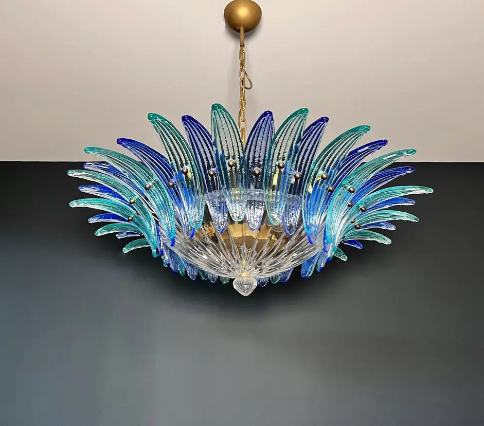 Candelabru Murano de la mijlocul secolului | Punto di Luce | 36 Sticlă Palmette transparentă și albastră