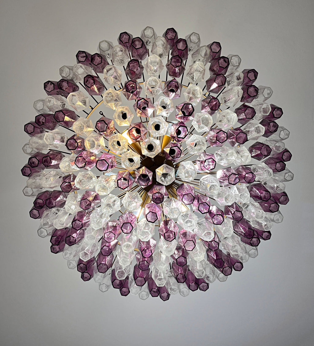 Mid-Century Murano Chandelier | Punto di Luce |  185 Purple and Clear Poliedri Glass
