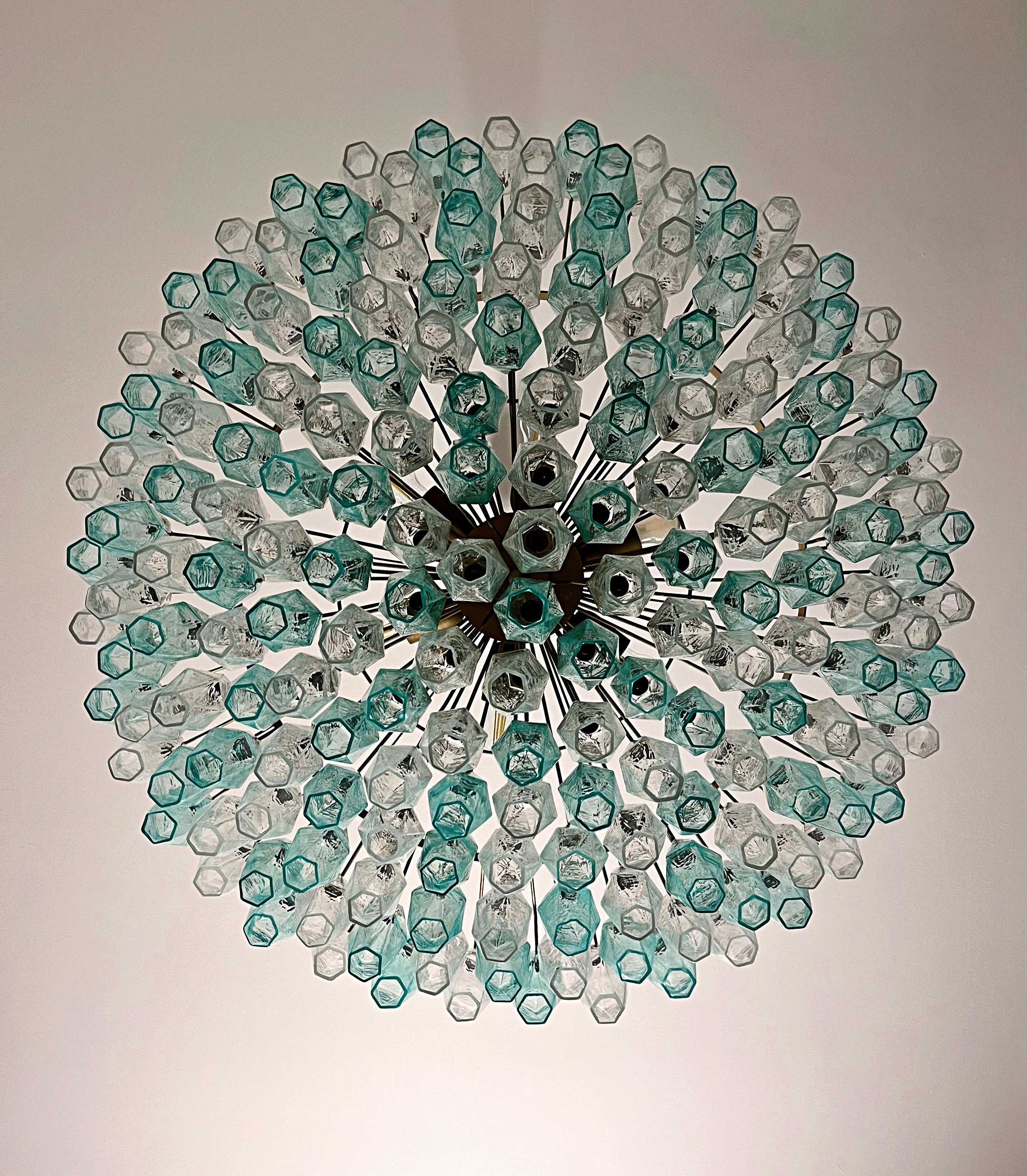 Mid-Century Murano Chandelier | Punto di Luce |  185 Turquoise and Clear Poliedri Glass