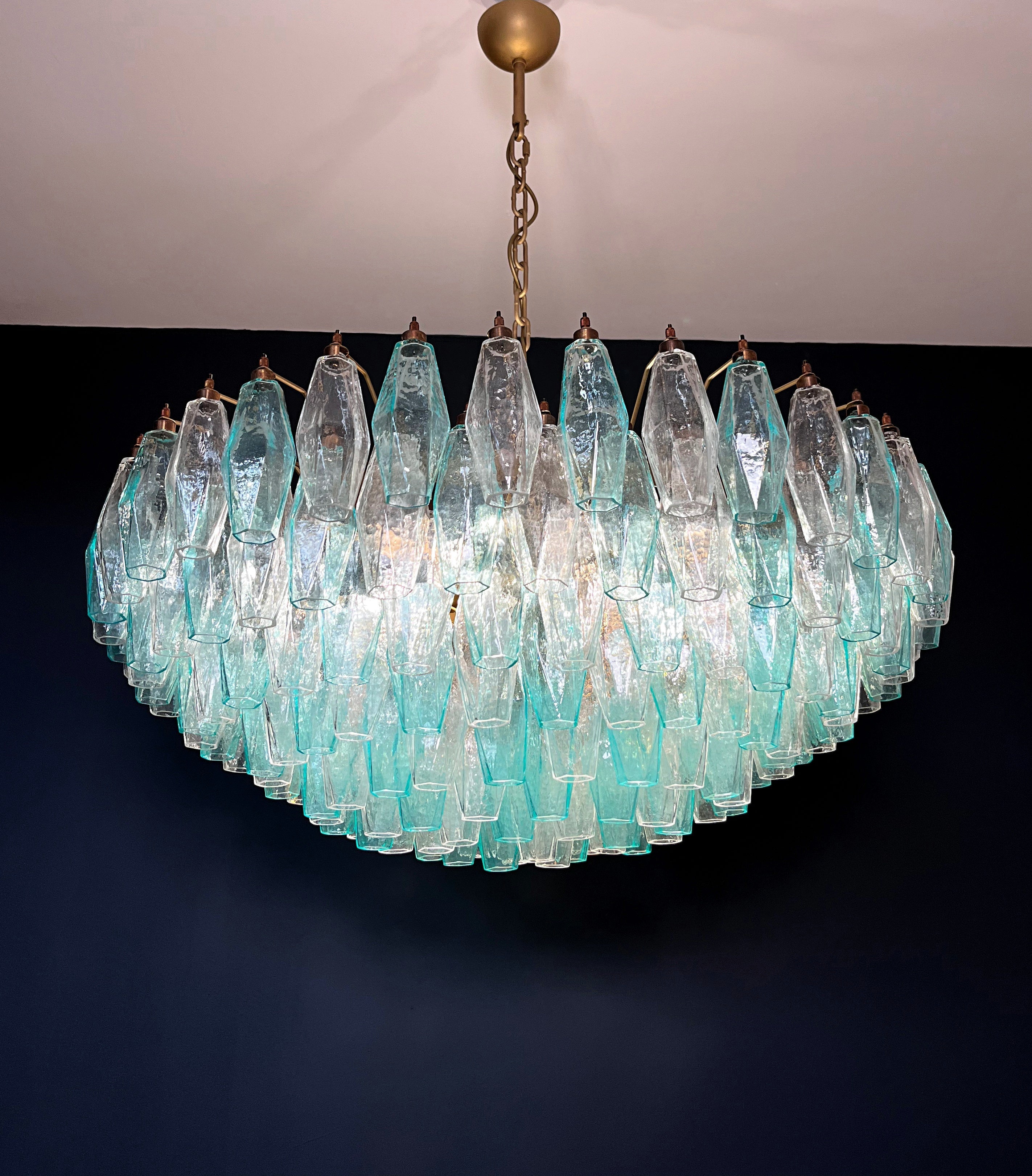 Mid-Century Murano Chandelier | Punto di Luce |  185 Turquoise and Clear Poliedri Glass