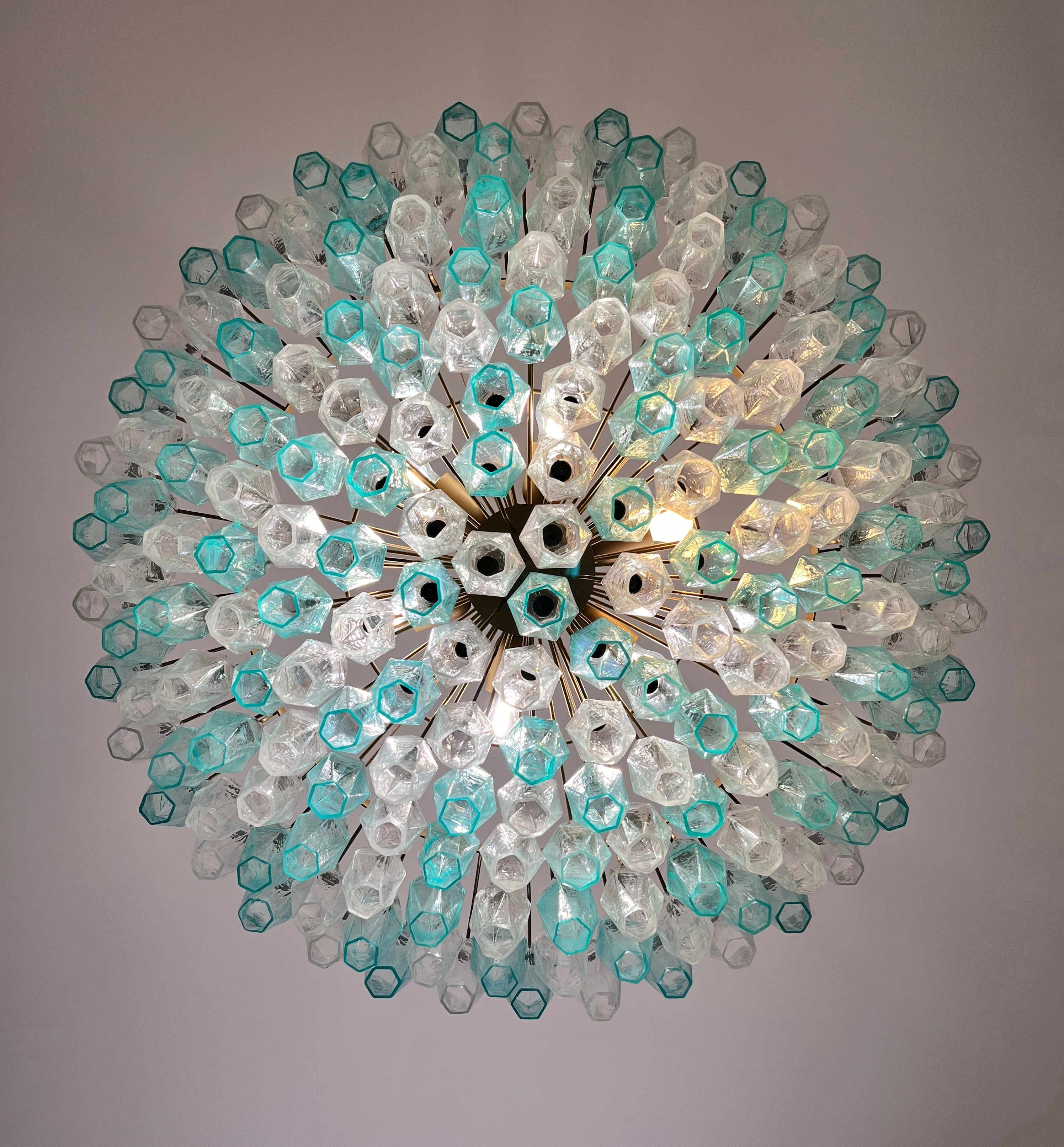 Mid-Century Murano Chandelier | Punto di Luce |  185 Turquoise and Clear Poliedri Glass