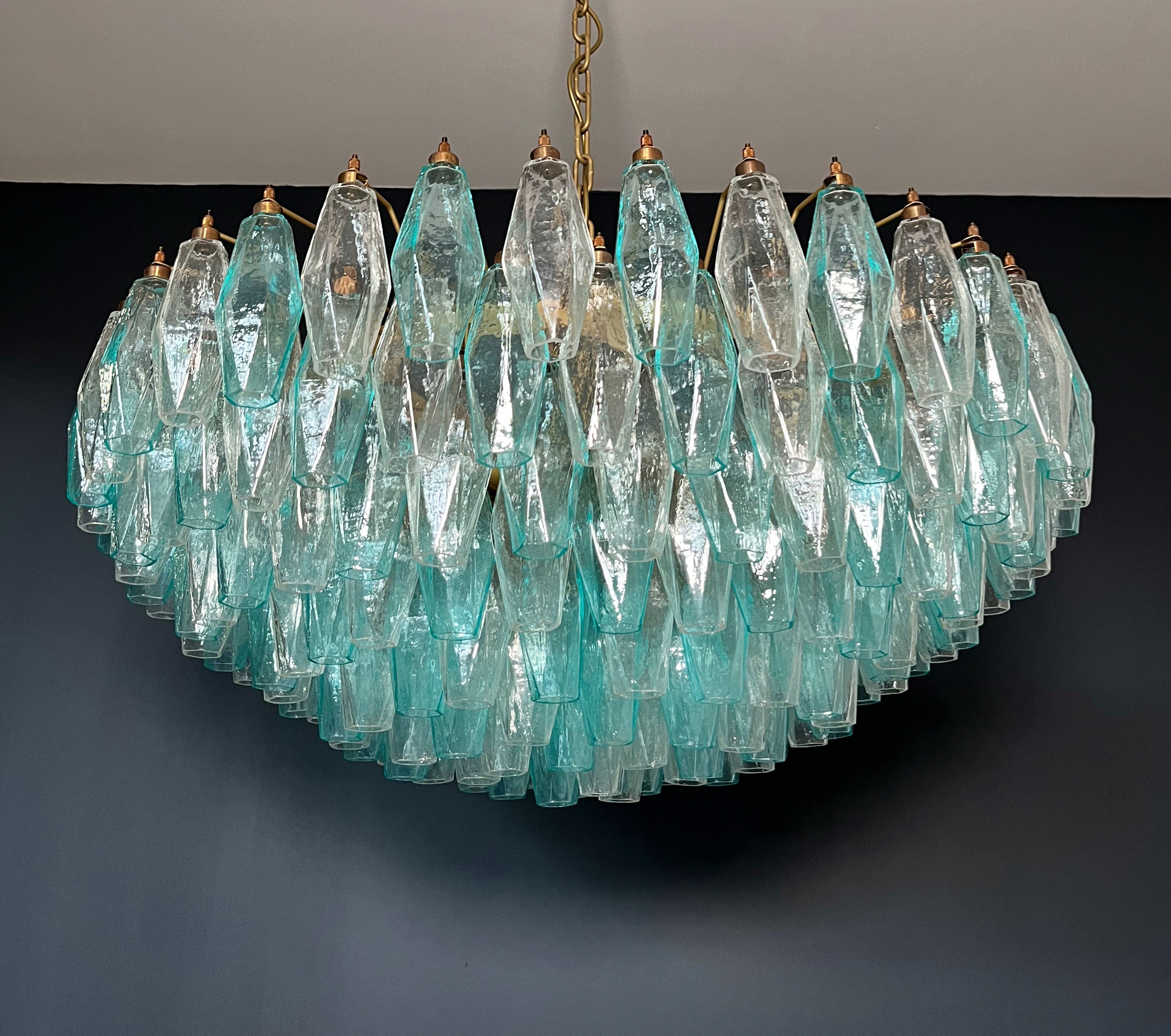 Mid-Century Murano Chandelier | Punto di Luce |  185 Turquoise and Clear Poliedri Glass