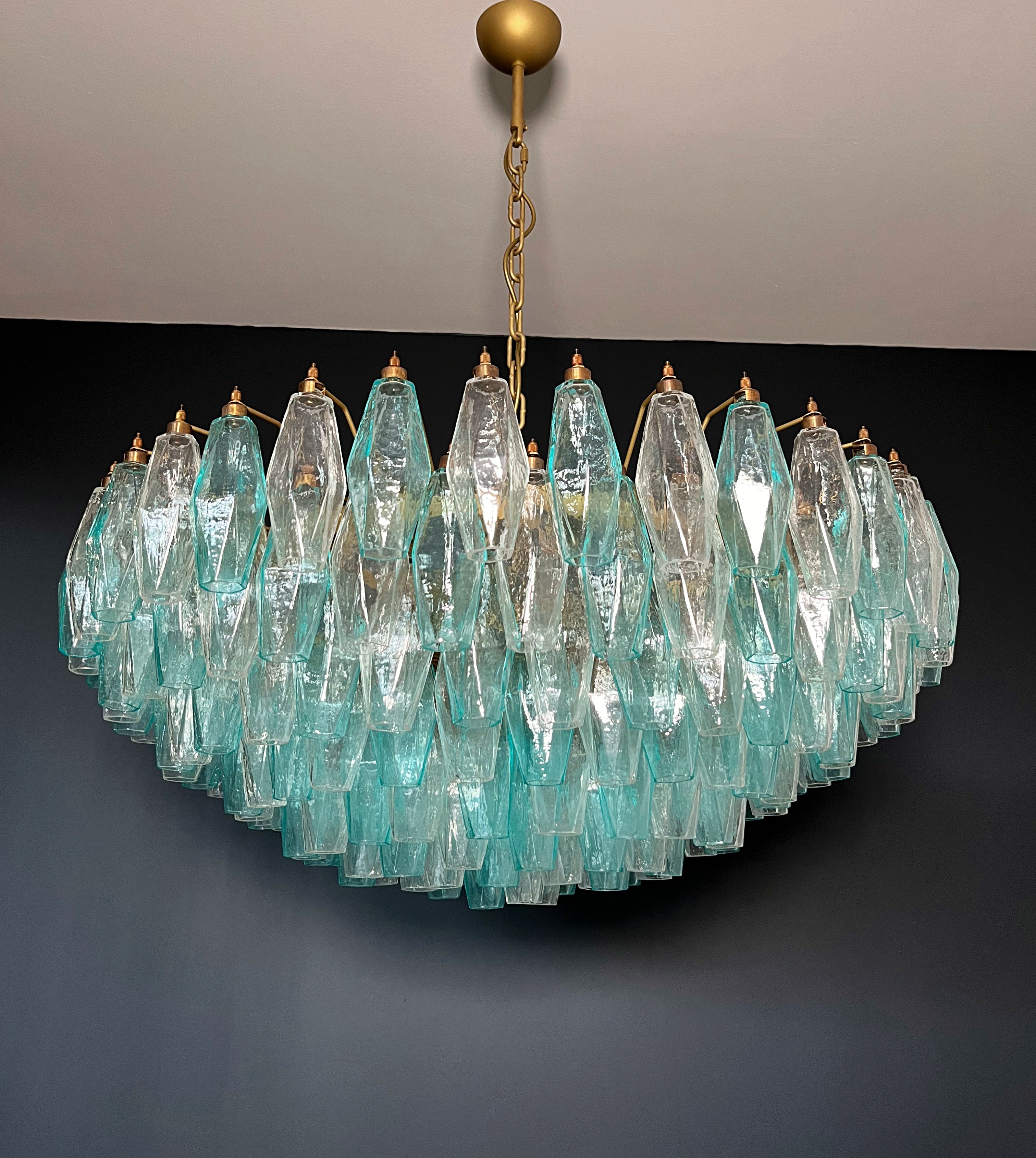 Mid-Century Murano Chandelier | Punto di Luce |  185 Turquoise and Clear Poliedri Glass