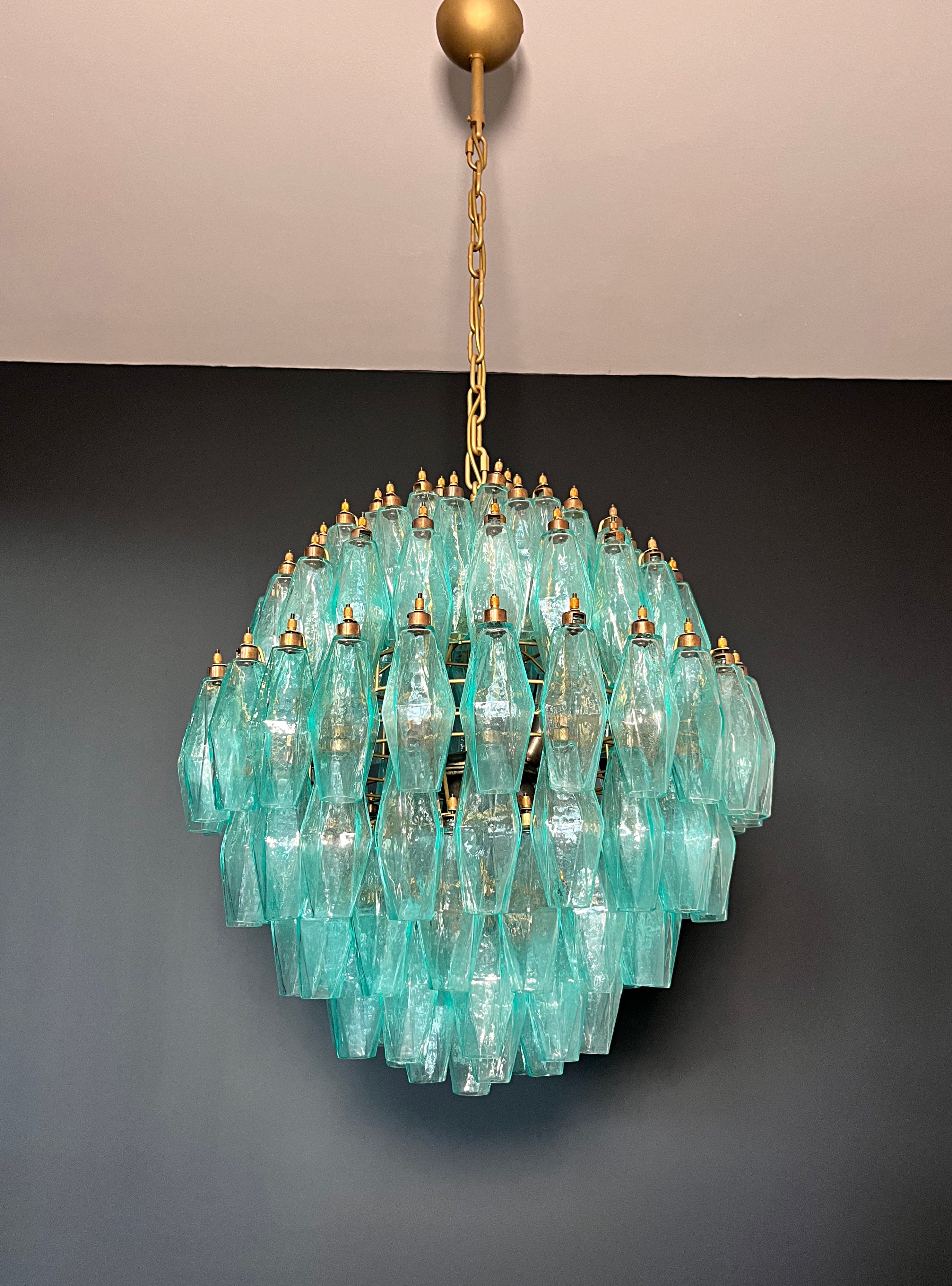 Mid-Century Murano Chandelier | Punto di Luce |  140 Turquoise Poliedri Glass