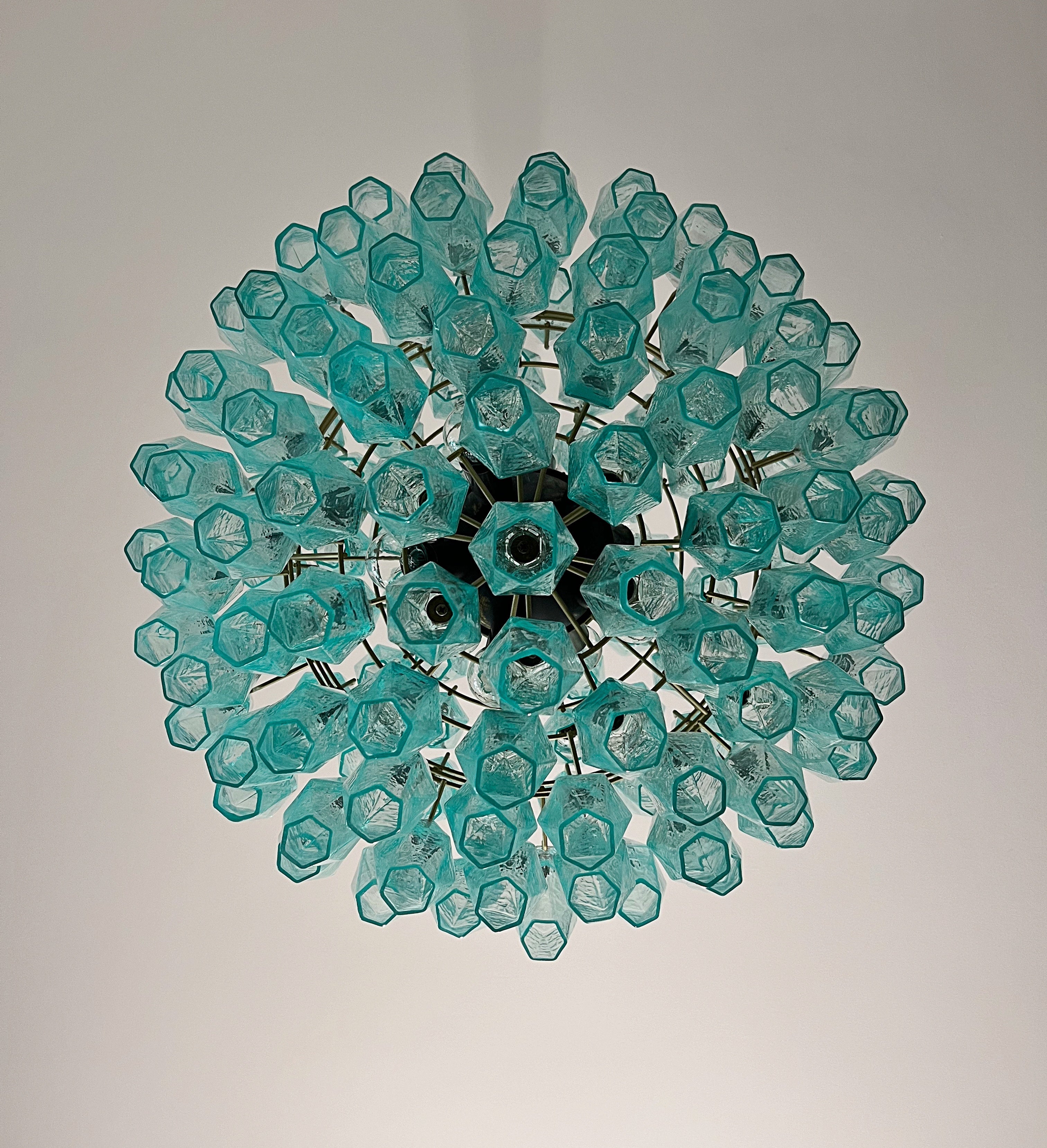 Mid-Century Murano Chandelier | Punto di Luce |  140 Turquoise Poliedri Glass