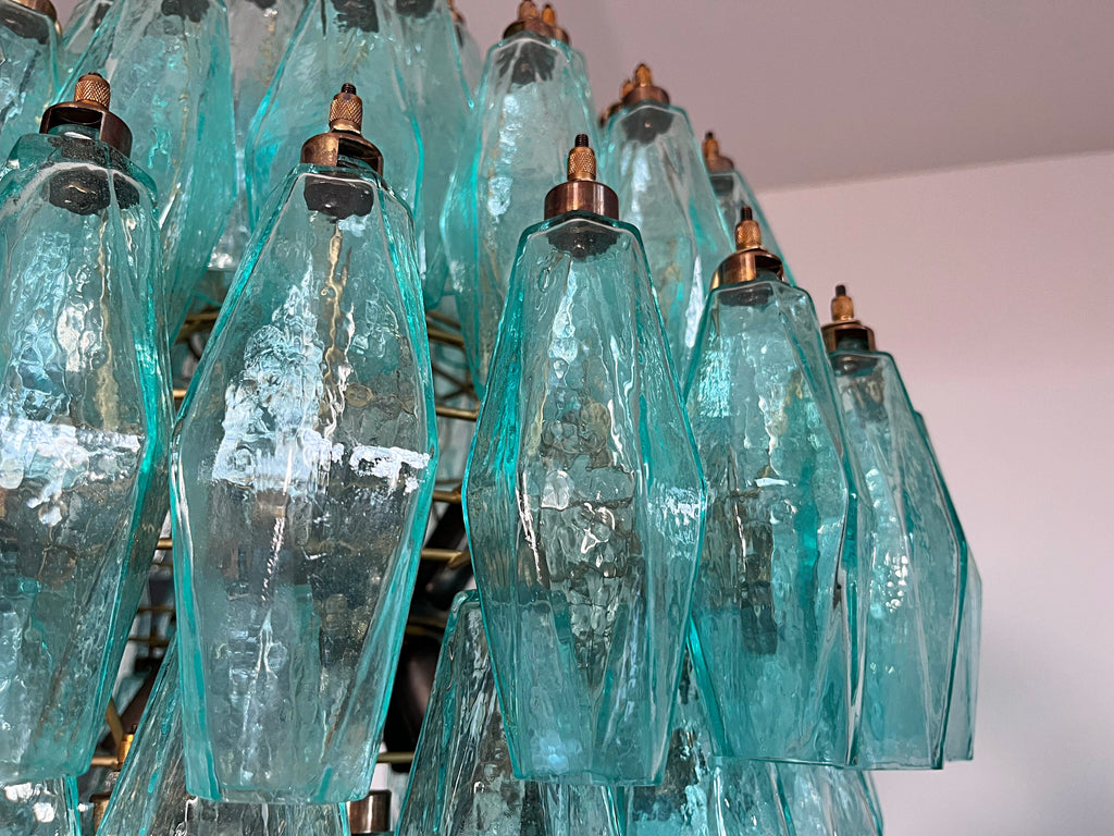 Mid-Century Murano Chandelier | Punto di Luce |  140 Turquoise Poliedri Glass