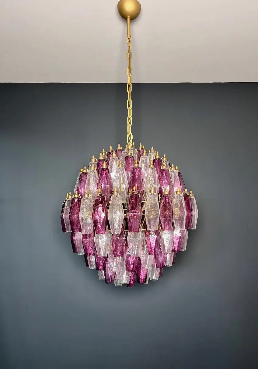 Mid-Century Murano Chandelier | Punto di Luce |  140 Purple and Clear Poliedri Glass