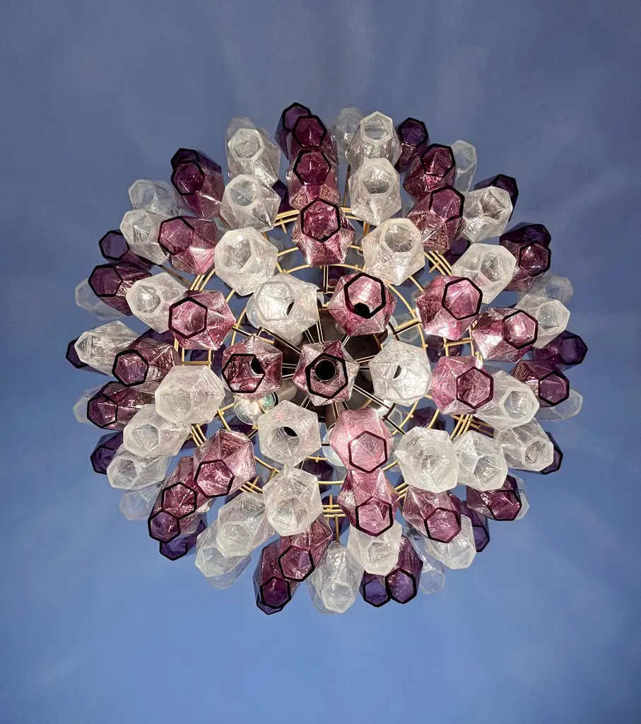 Mid-Century Murano Chandelier | Punto di Luce |  140 Purple and Clear Poliedri Glass