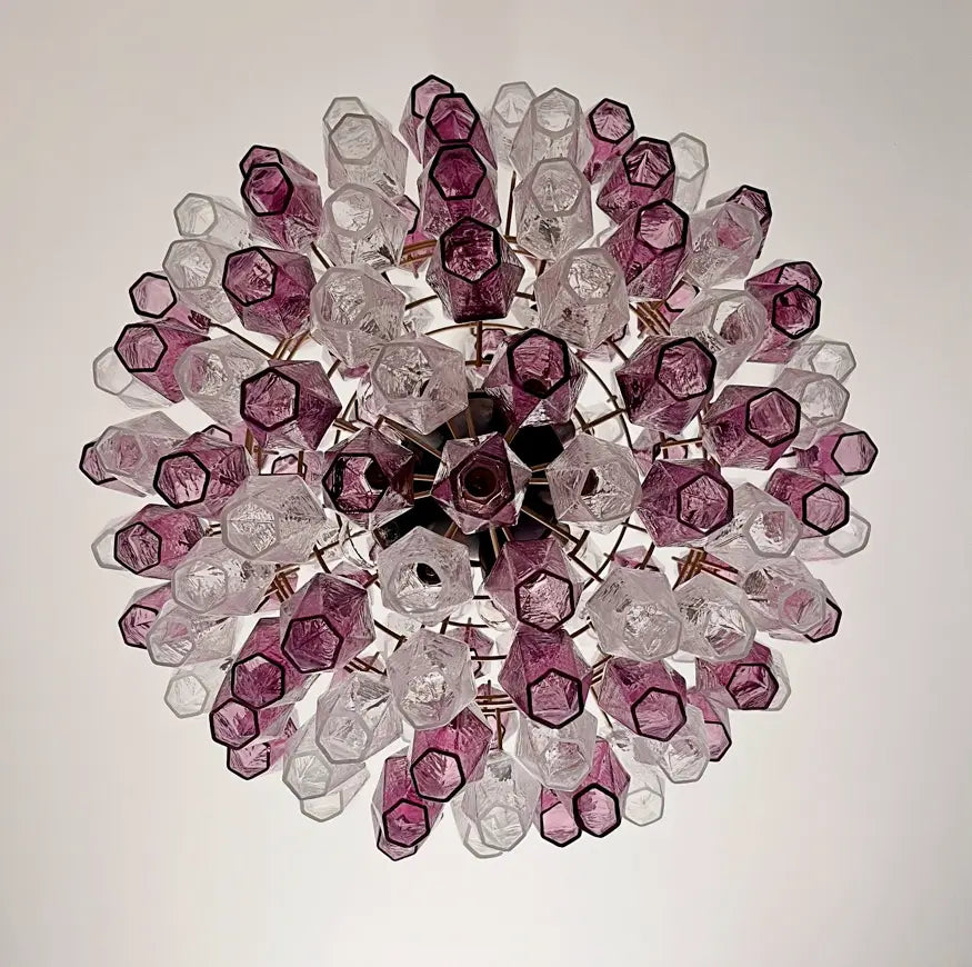 Mid-Century Murano Chandelier | Punto di Luce |  140 Purple and Clear Poliedri Glass