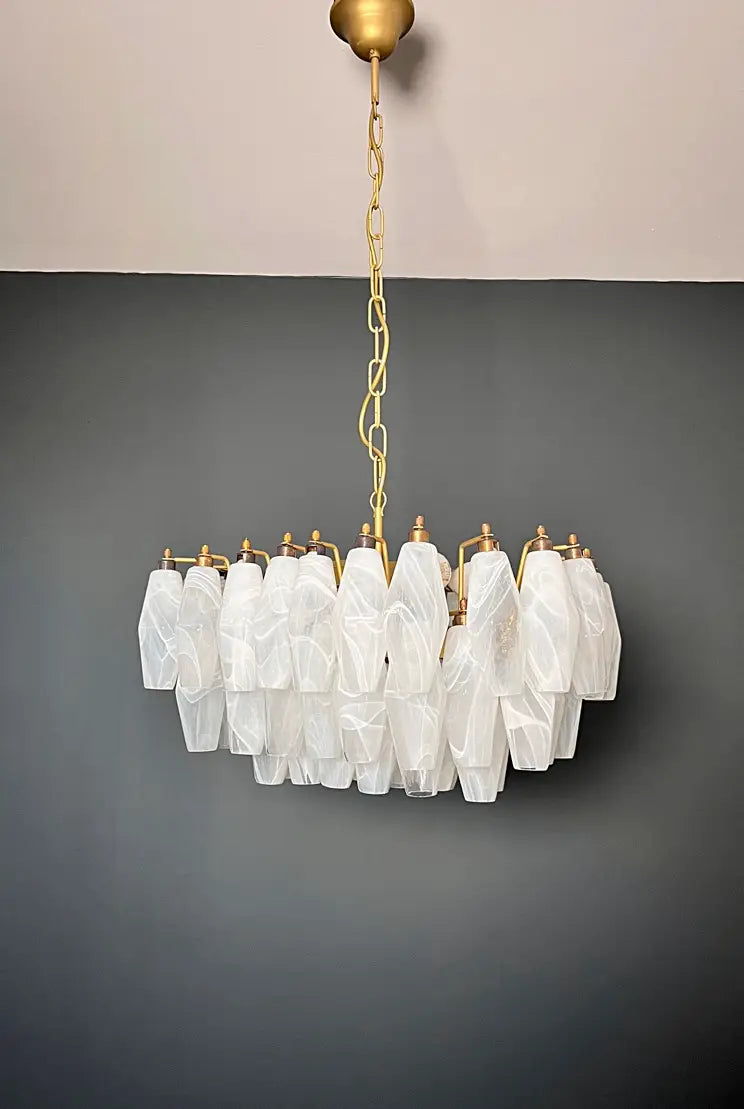 Mid-Century Murano Chandelier | Punto di Luce |  56 Alabaster White Poliedri Glass