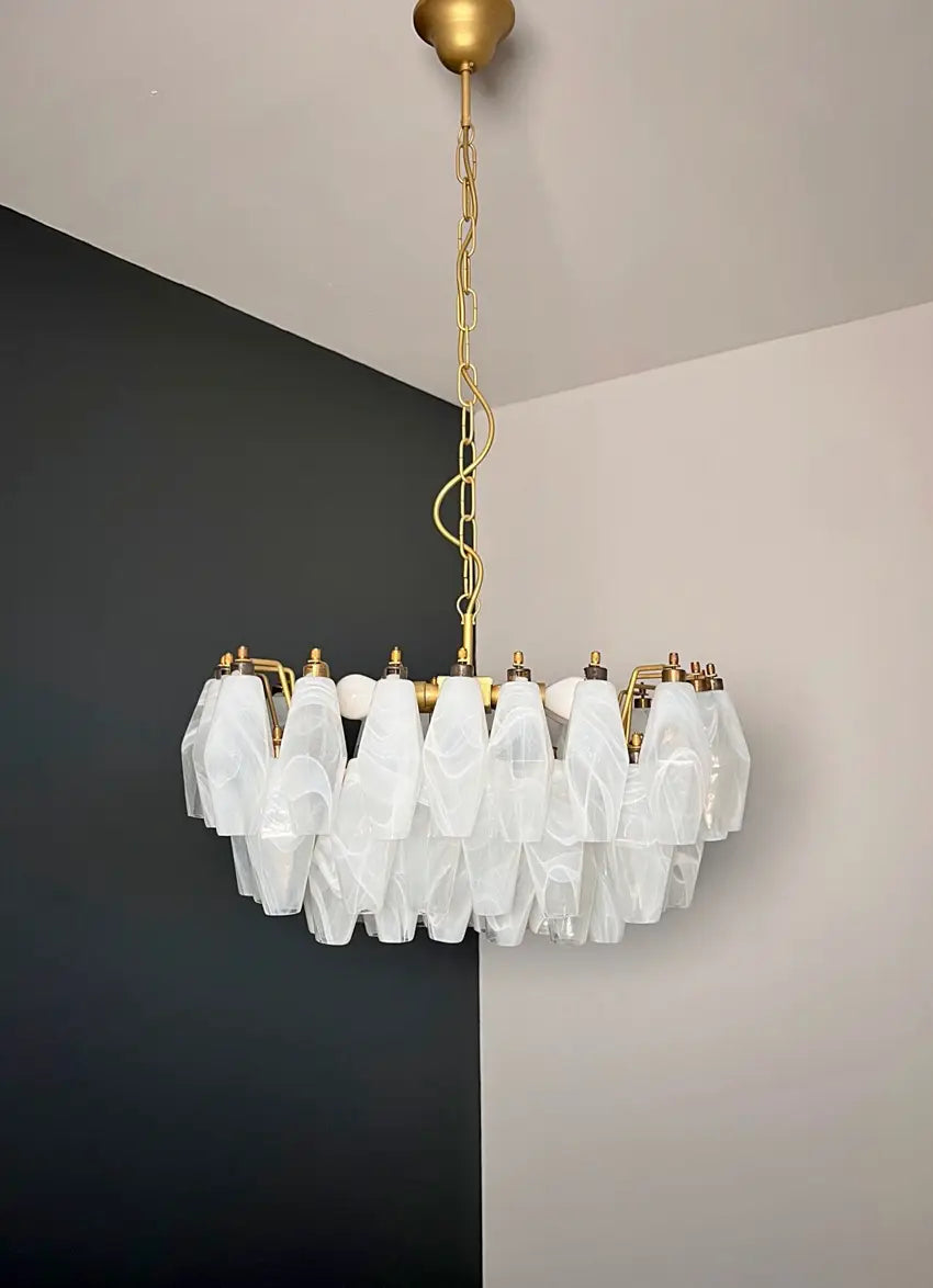 Mid-Century Murano Chandelier | Punto di Luce |  56 Alabaster White Poliedri Glass