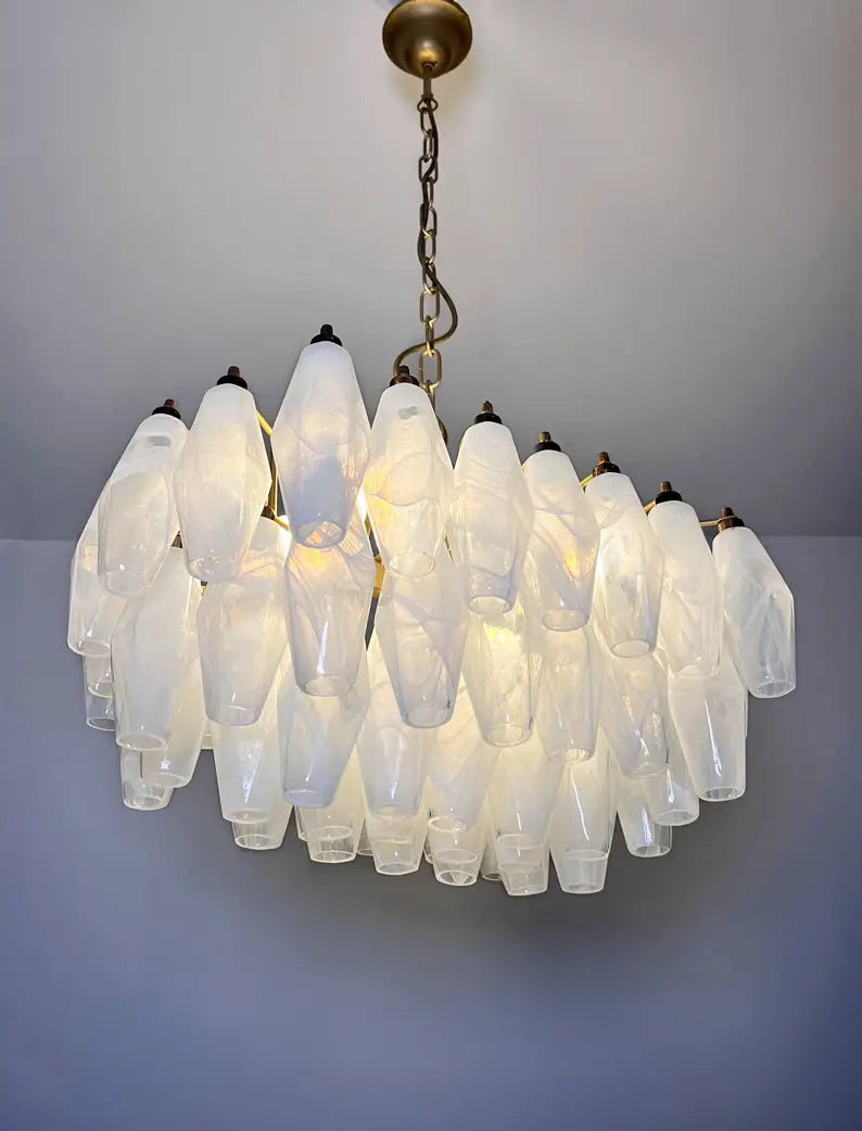 Mid-Century Murano Chandelier | Punto di Luce |  56 Alabaster White Poliedri Glass