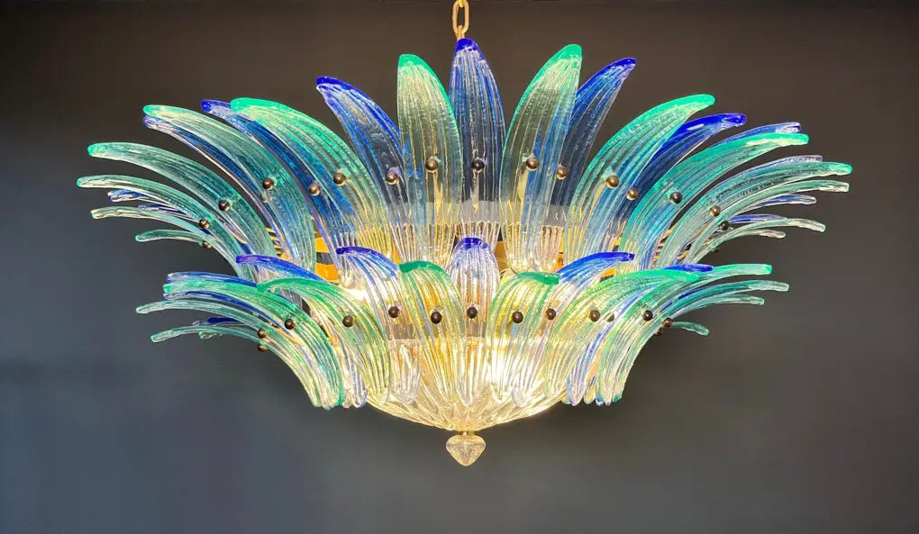 Mid-Century Murano Chandelier | Punto di Luce |  82 Blue and Turquoise Palmette Glass