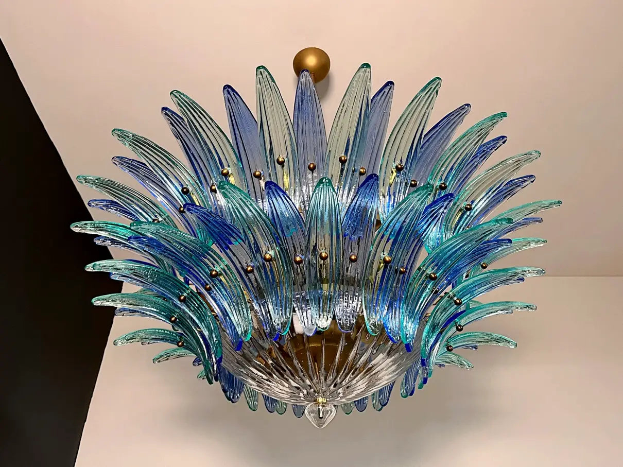 Mid-Century Murano Chandelier | Punto di Luce |  82 Blue and Turquoise Palmette Glass