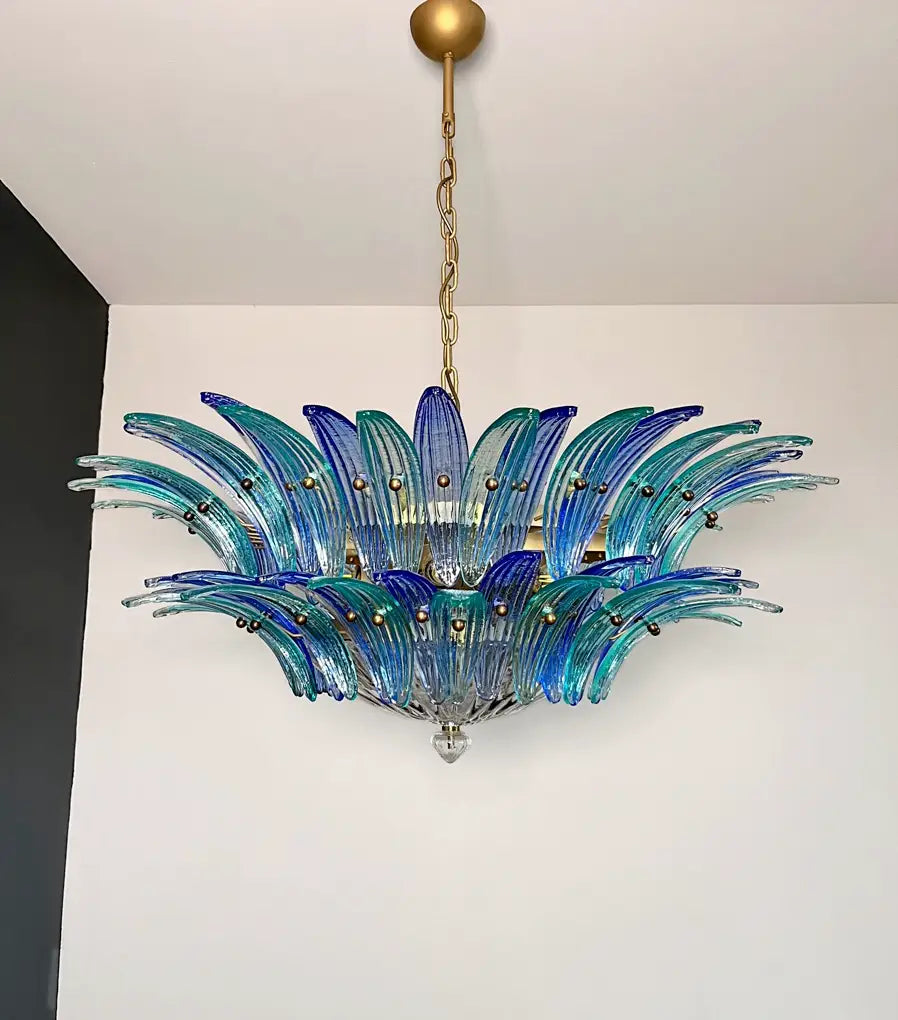 Mid-Century Murano Chandelier | Punto di Luce |  82 Blue and Turquoise Palmette Glass