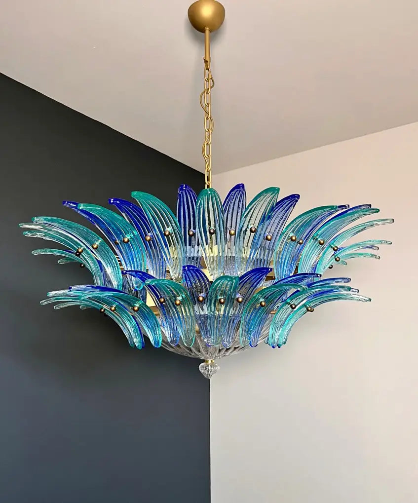 Mid-Century Murano Chandelier | Punto di Luce |  82 Blue and Turquoise Palmette Glass