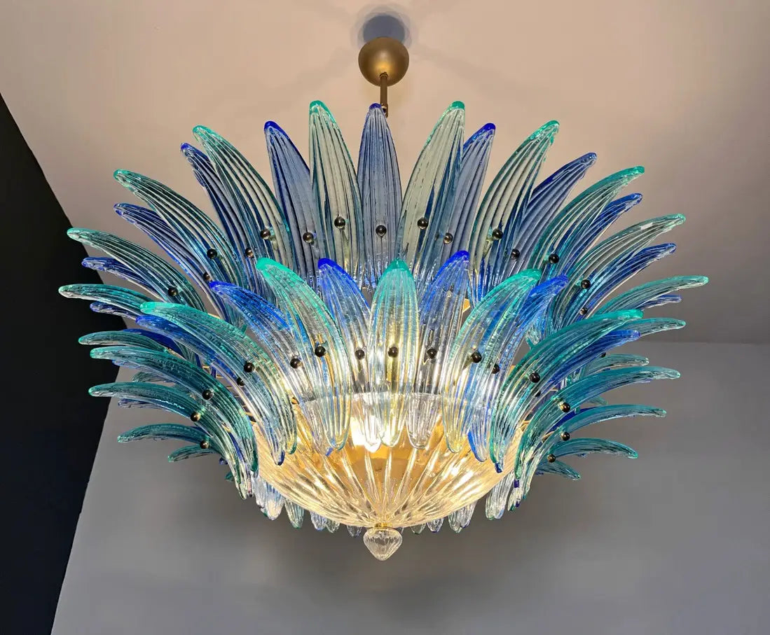 Mid-Century Murano Chandelier | Punto di Luce |  82 Blue and Turquoise Palmette Glass