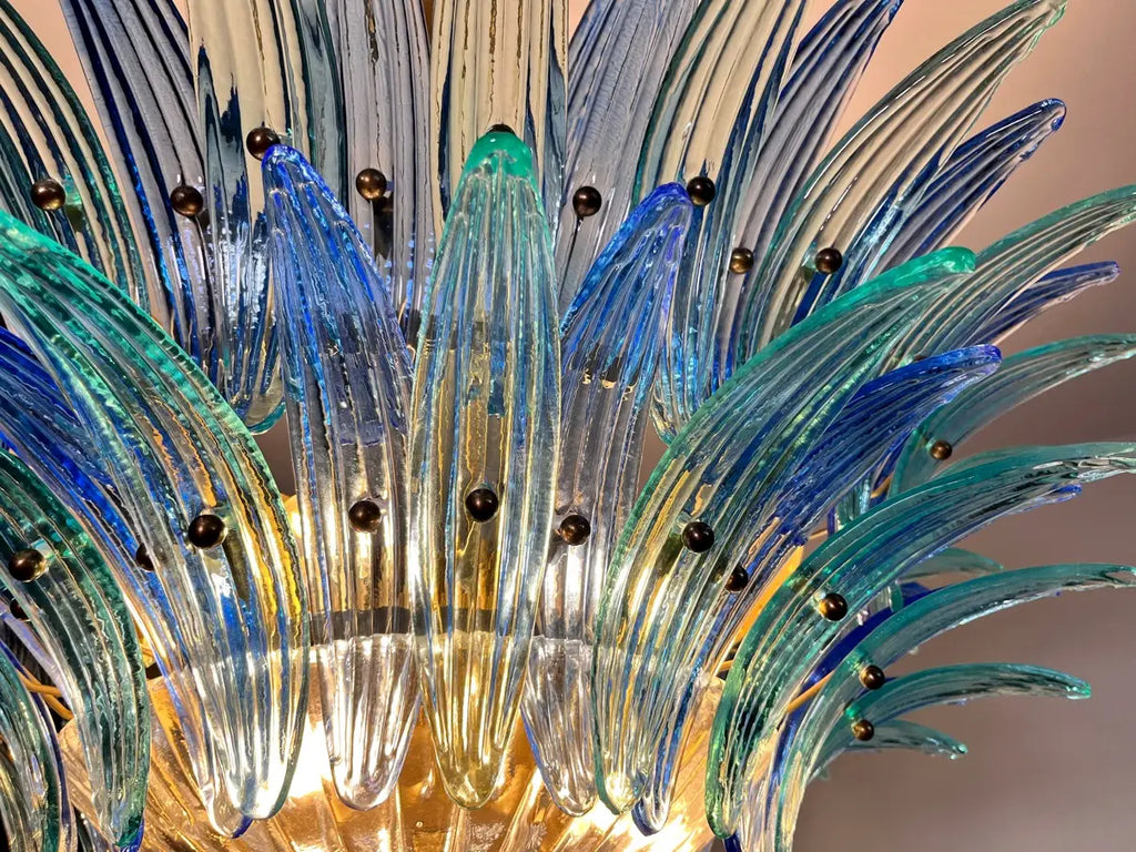Mid-Century Murano Chandelier | Punto di Luce |  82 Blue and Turquoise Palmette Glass