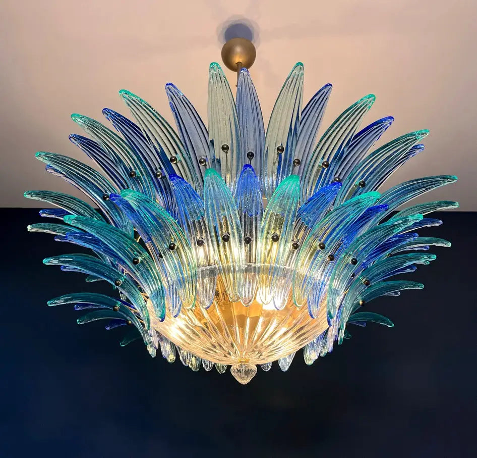Mid-Century Murano Chandelier | Punto di Luce |  82 Blue and Turquoise Palmette Glass