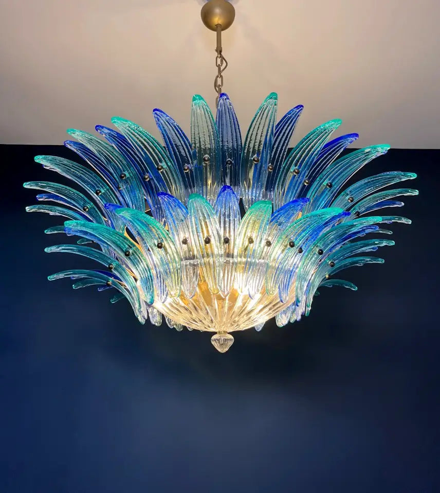 Mid-Century Murano Chandelier | Punto di Luce |  82 Blue and Turquoise Palmette Glass