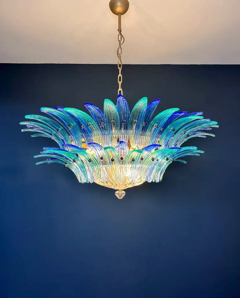 Mid-Century Murano Chandelier | Punto di Luce |  82 Blue and Turquoise Palmette Glass