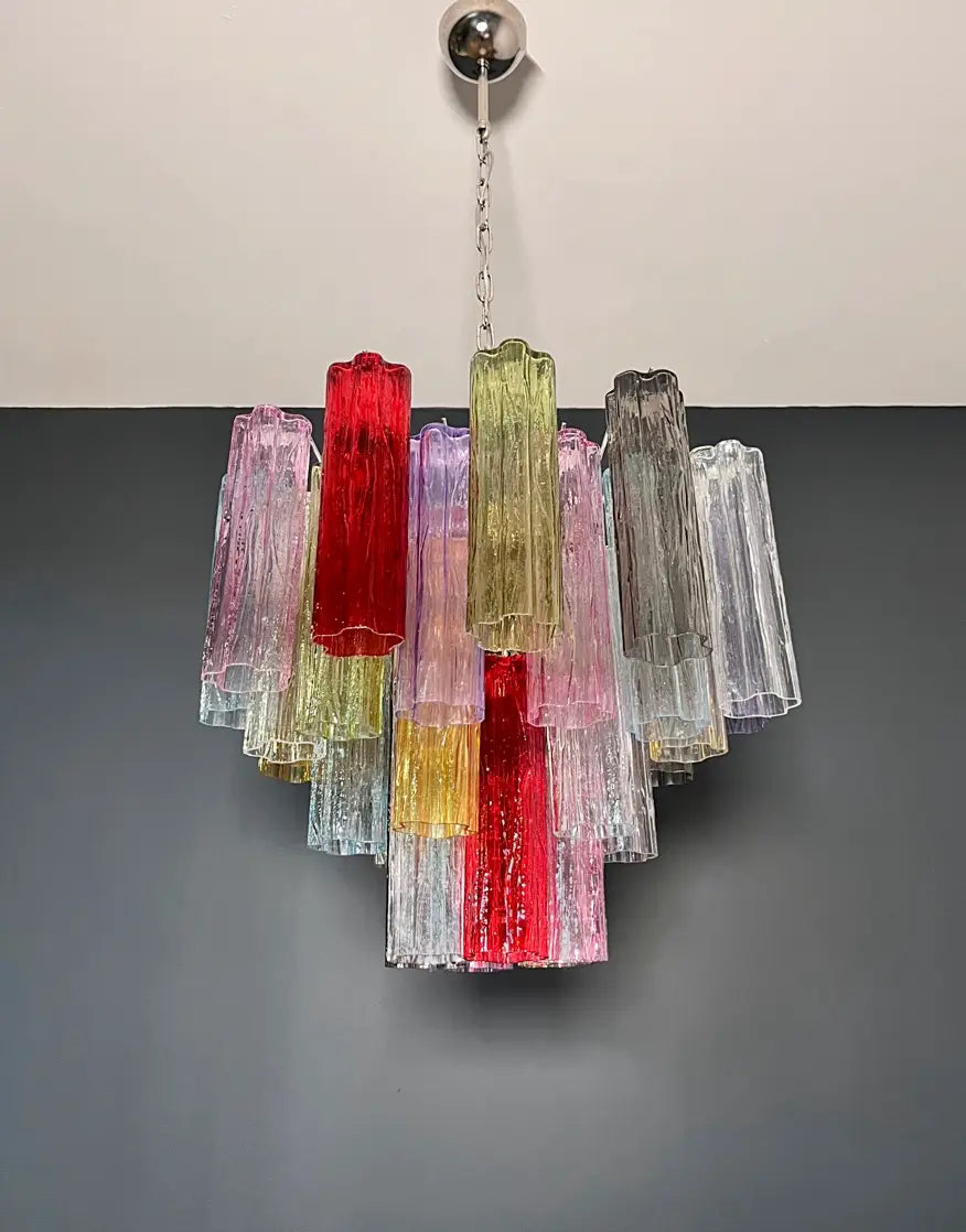 Mid-Century Murano Chandelier | Punto di Luce |  36 Multicolored Tube Glass