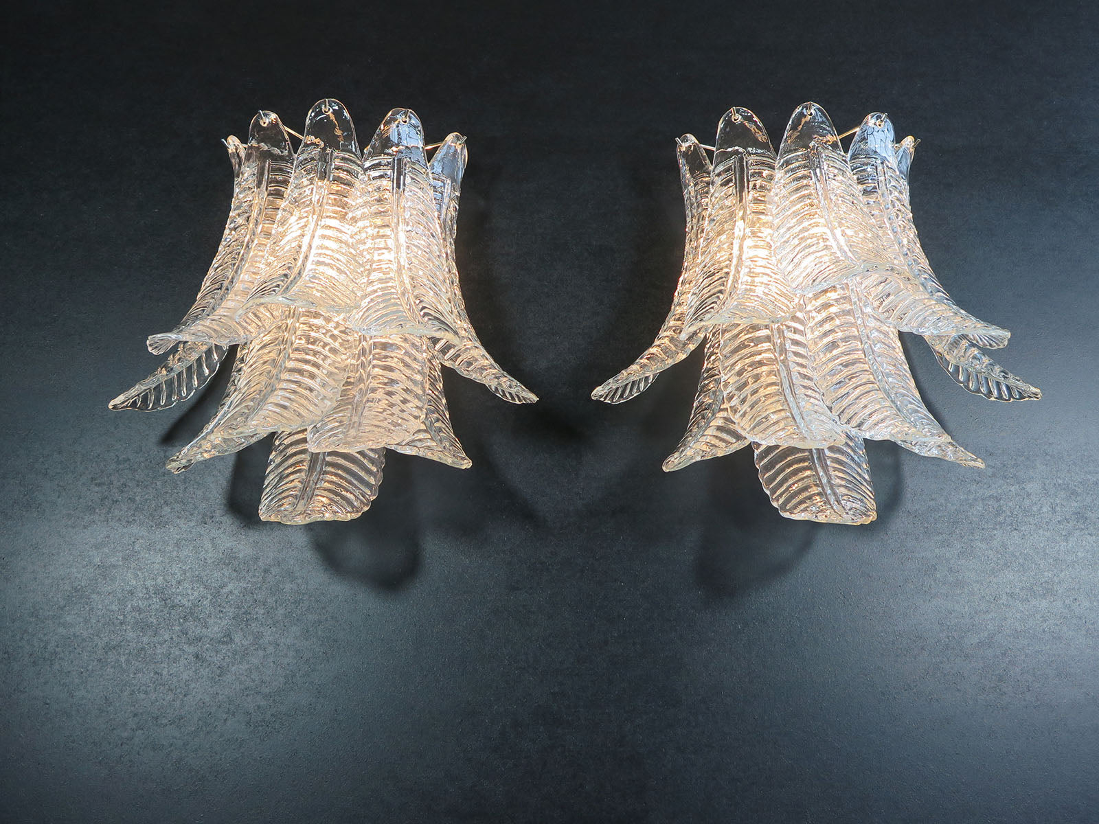 Mid-Century Murano Wall Lamp | Punto di Luce |  10 Clear Felci Glass | Punto di Luce |  1 Pair