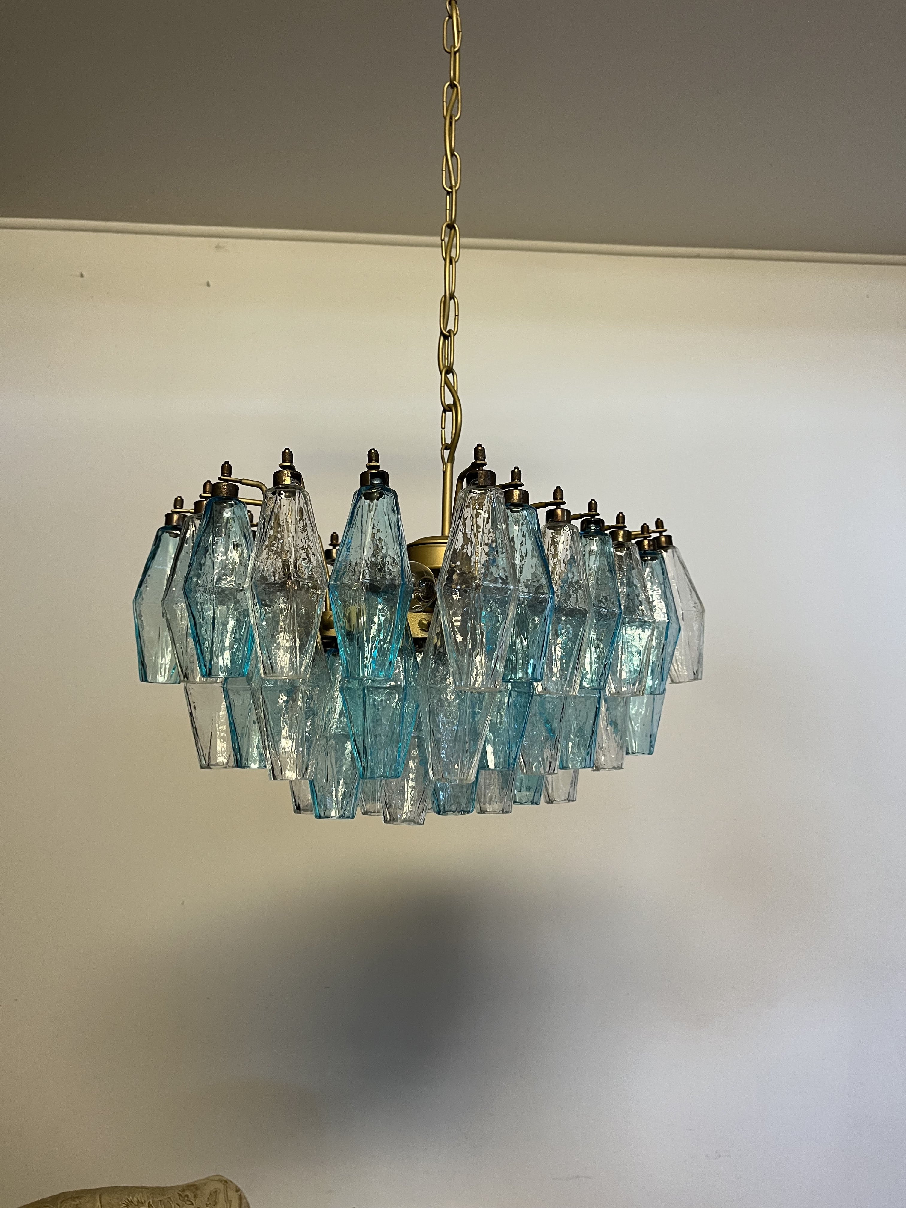 Mid-Century Murano Chandelier | Punto di Luce |  56 Clear and Blue Poliedri Glass