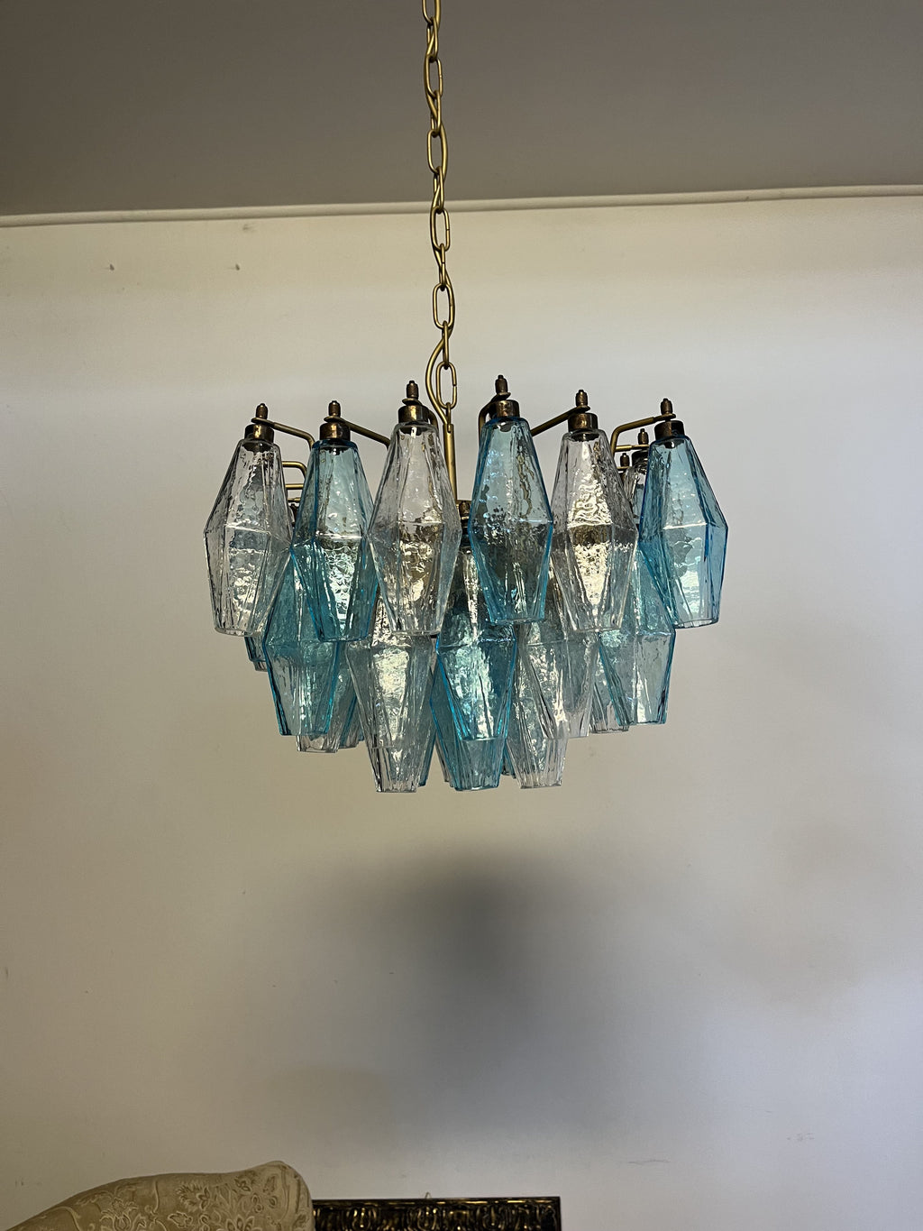Mid-Century Murano Chandelier | Punto di Luce |  56 Clear and Blue Poliedri Glass