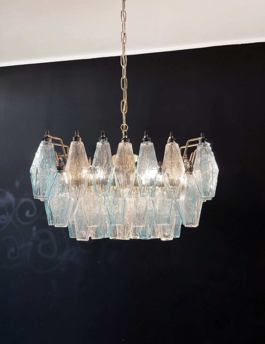Mid-Century Murano Chandelier | Punto di Luce |  56 Clear and Blue Poliedri Glass