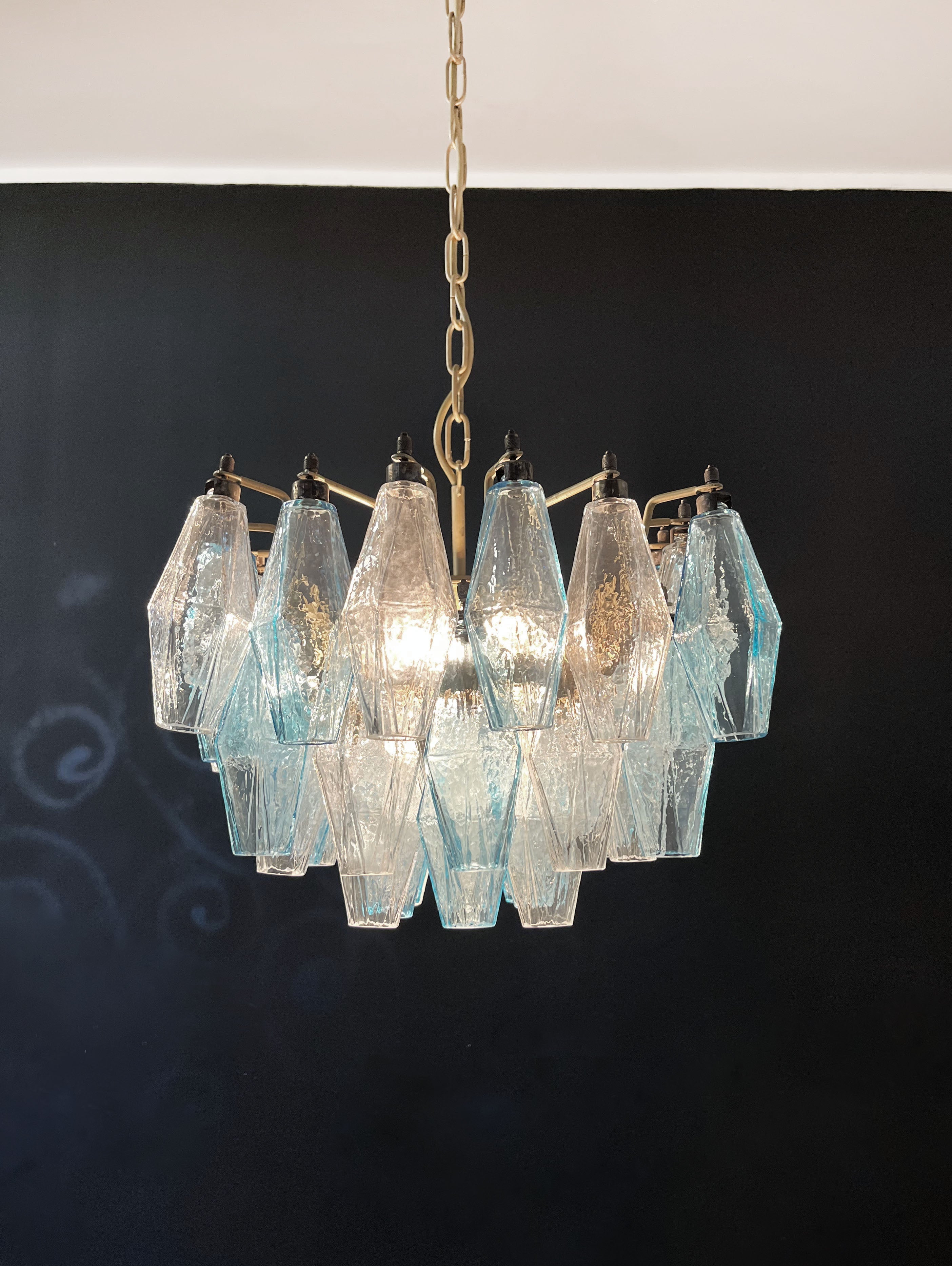 Mid-Century Murano Chandelier | Punto di Luce |  56 Clear and Blue Poliedri Glass