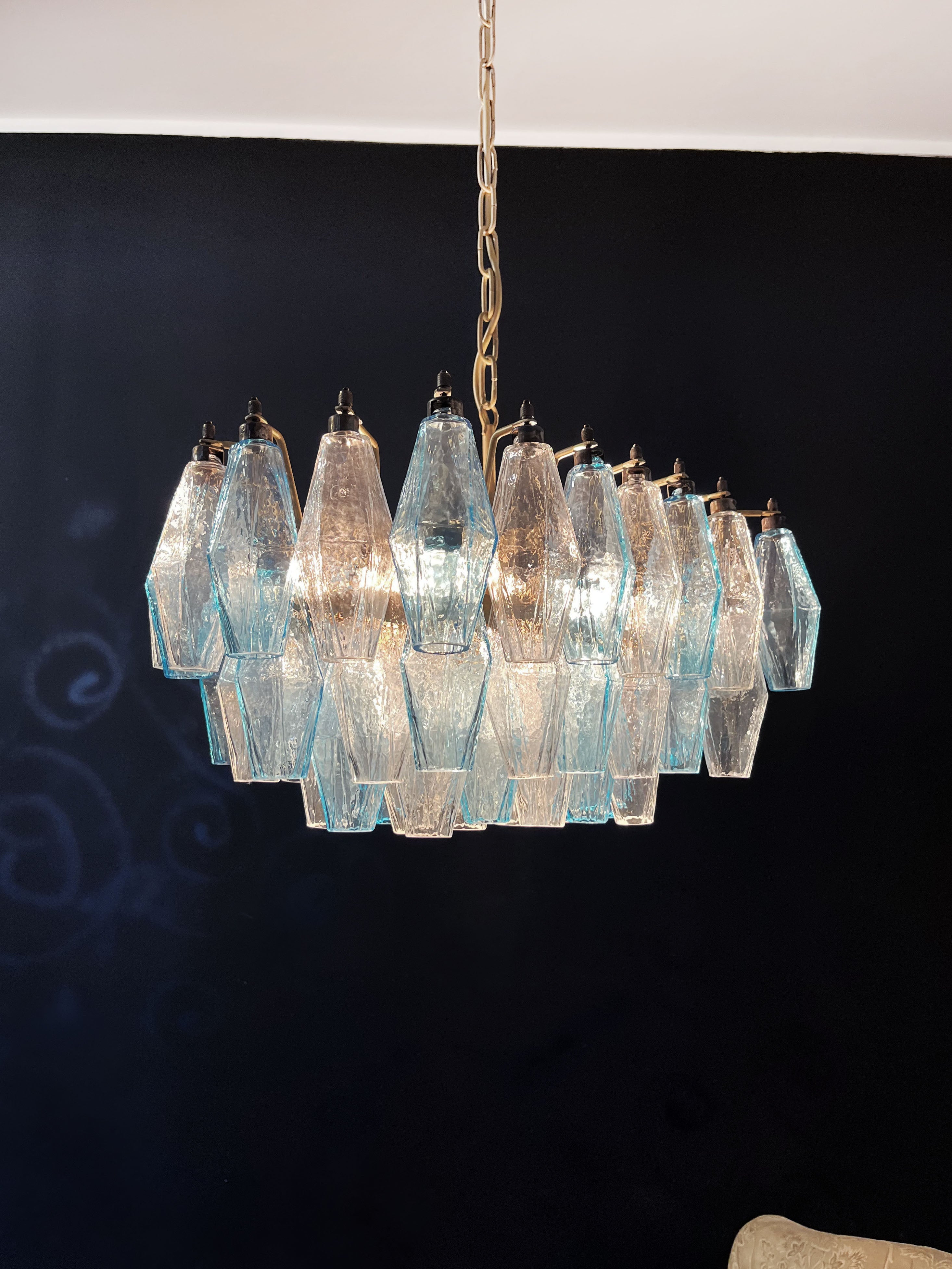 Mid-Century Murano Chandelier | Punto di Luce |  56 Clear and Blue Poliedri Glass