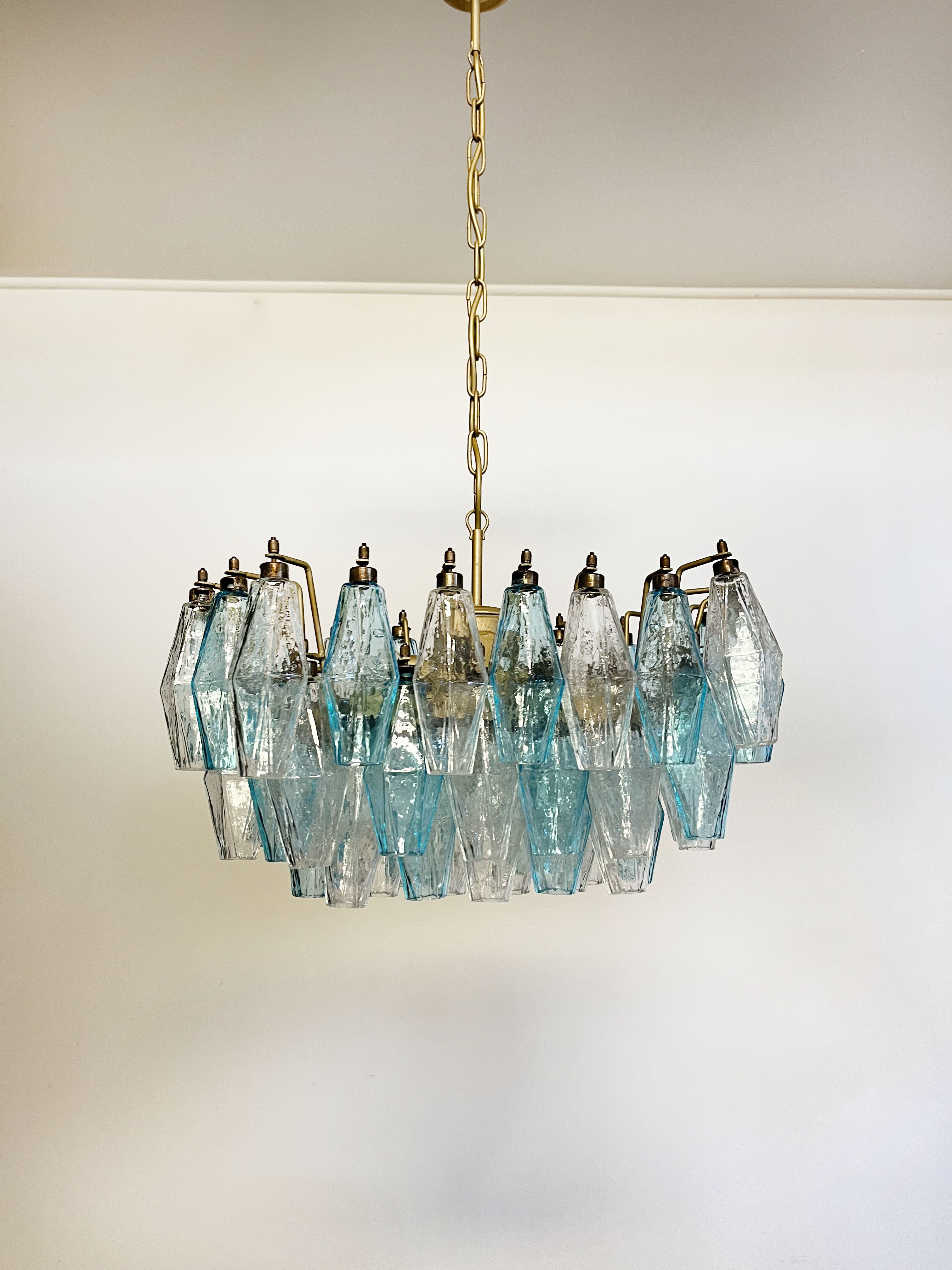 Mid-Century Murano Chandelier | Punto di Luce |  56 Clear and Blue Poliedri Glass