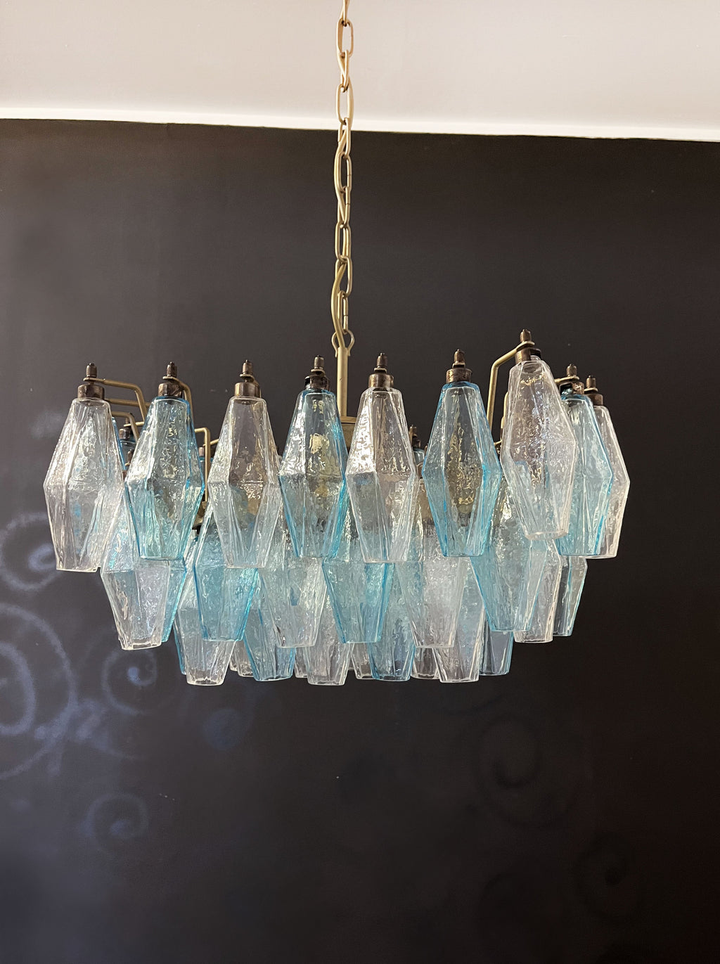 Mid-Century Murano Chandelier | Punto di Luce |  56 Clear and Blue Poliedri Glass