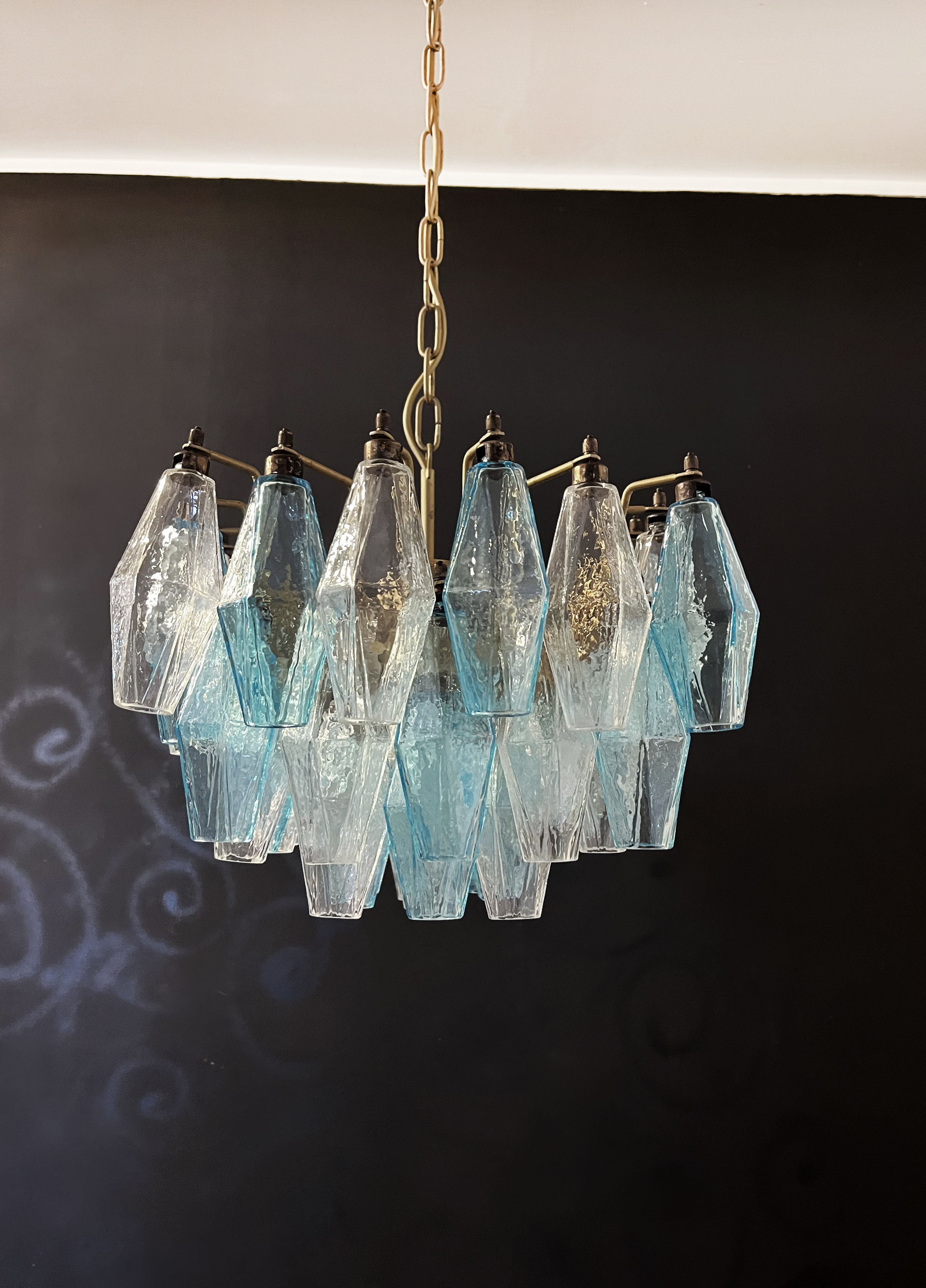 Mid-Century Murano Chandelier | Punto di Luce |  56 Clear and Blue Poliedri Glass