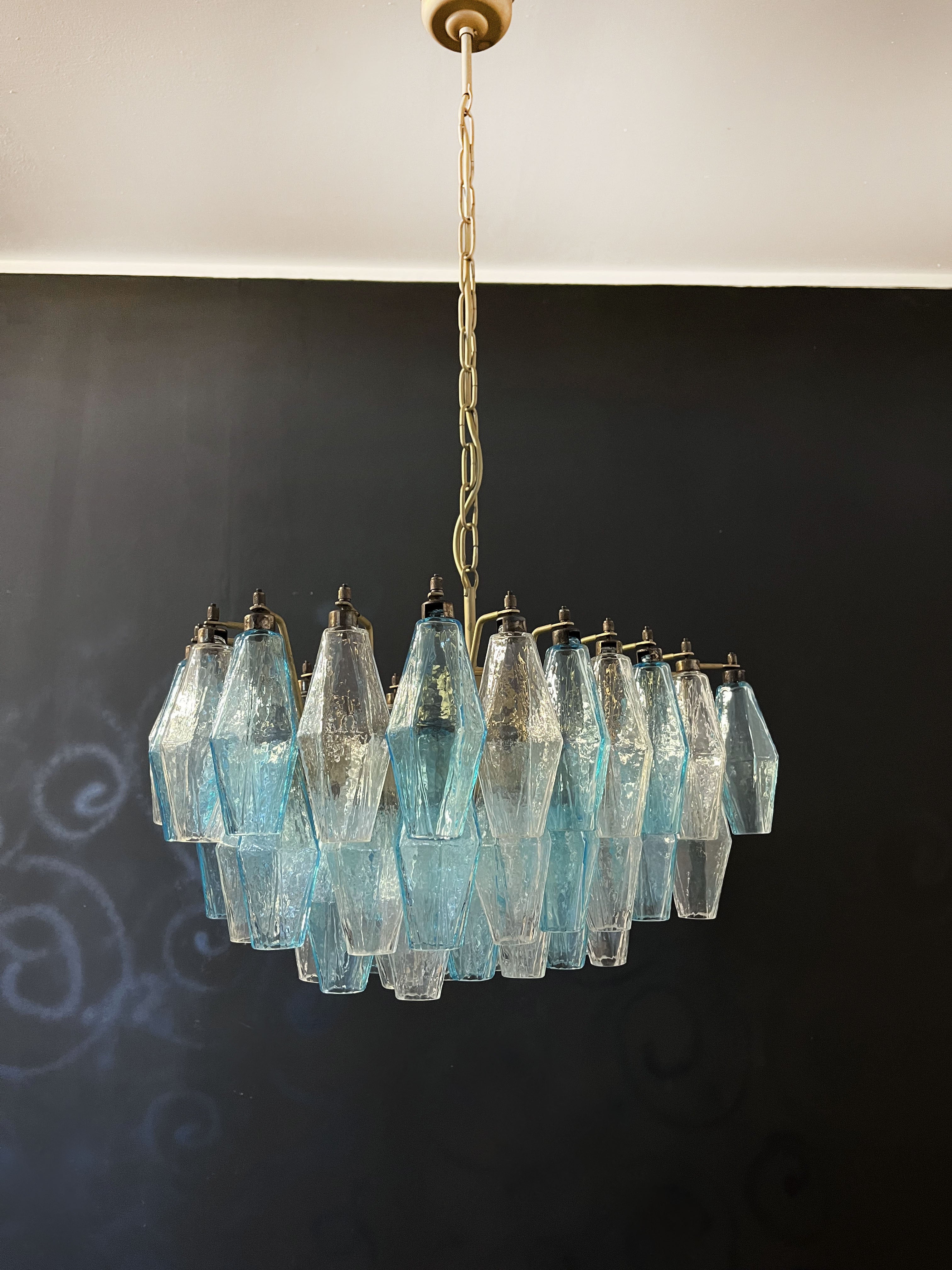 Mid-Century Murano Chandelier | Punto di Luce |  56 Clear and Blue Poliedri Glass