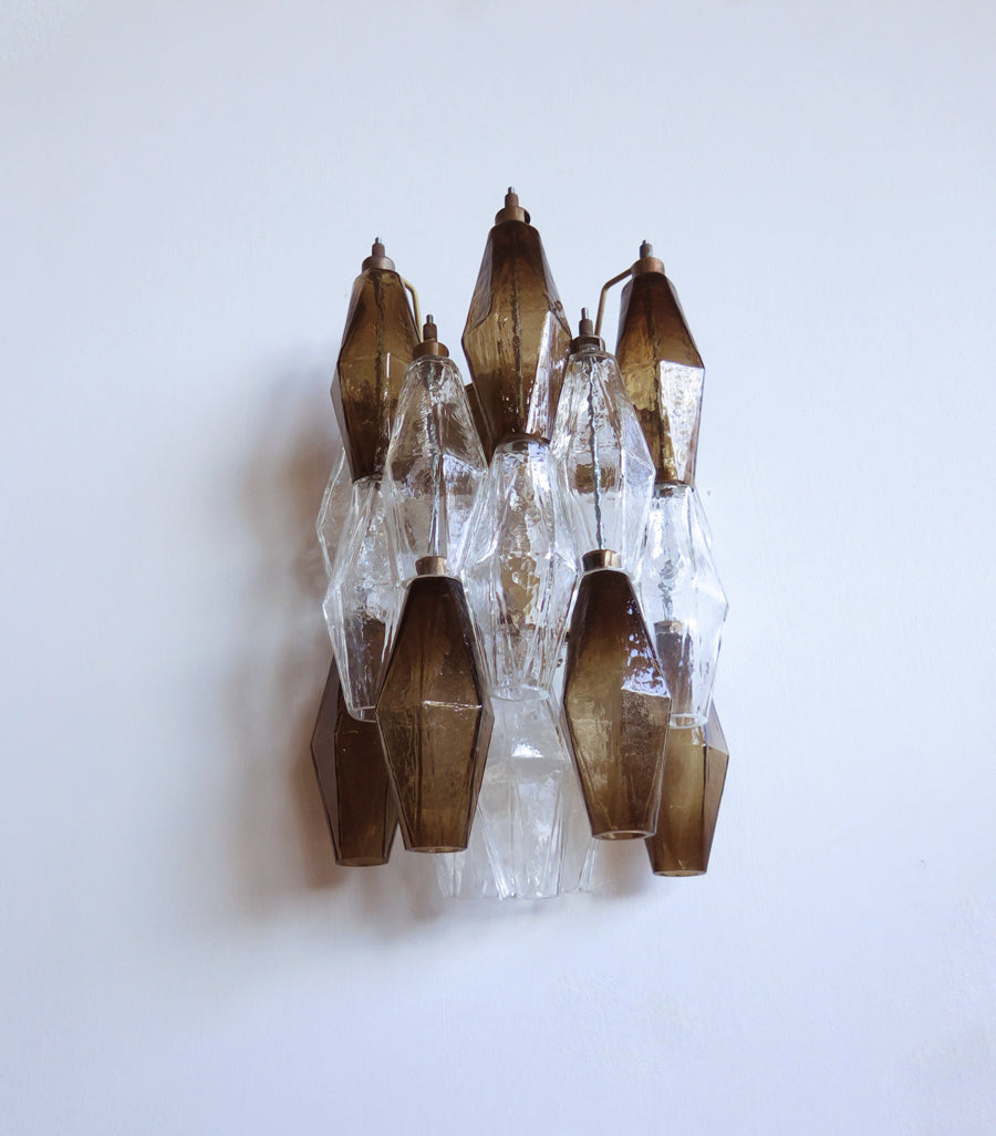 Mid-Century Murano Wall Lamp | Punto di Luce |  17 Clear and Smoke-Finished Poliedri Glass | Punto di Luce |  1 Pair