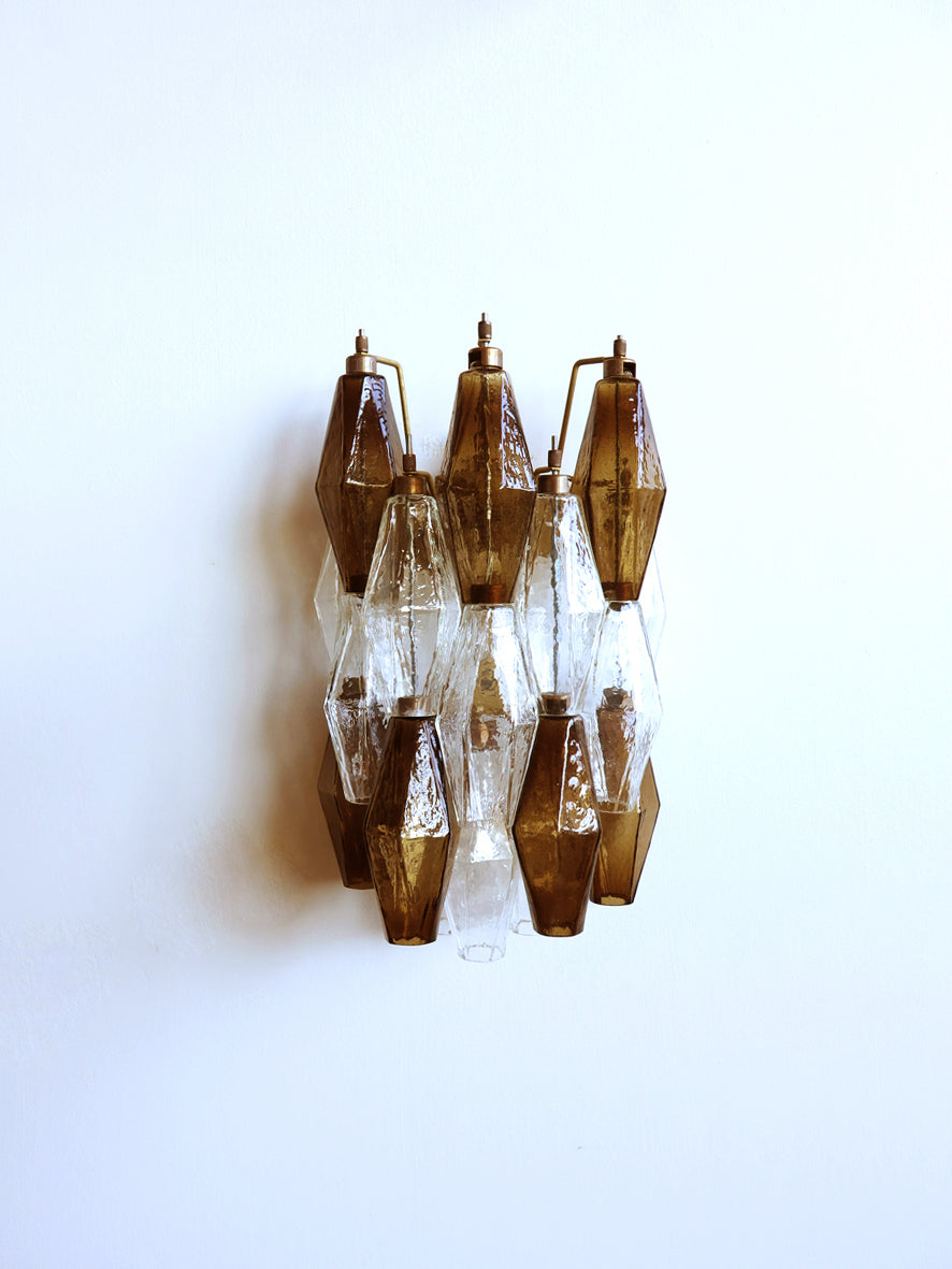 Mid-Century Murano Wall Lamp | Punto di Luce |  17 Clear and Smoke-Finished Poliedri Glass | Punto di Luce |  1 Pair