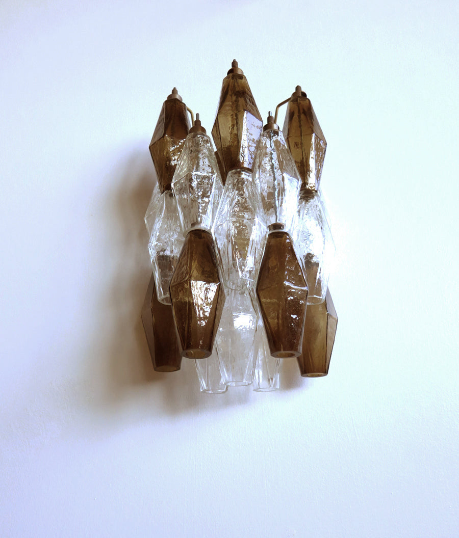 Mid-Century Murano Wall Lamp | Punto di Luce |  17 Clear and Smoke-Finished Poliedri Glass | Punto di Luce |  1 Pair