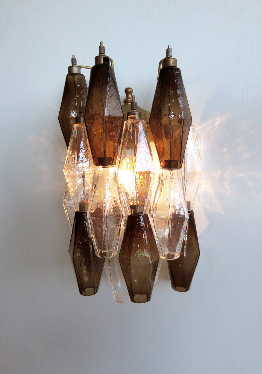 Mid-Century Murano Wall Lamp | Punto di Luce |  17 Clear and Smoke-Finished Poliedri Glass | Punto di Luce |  1 Pair